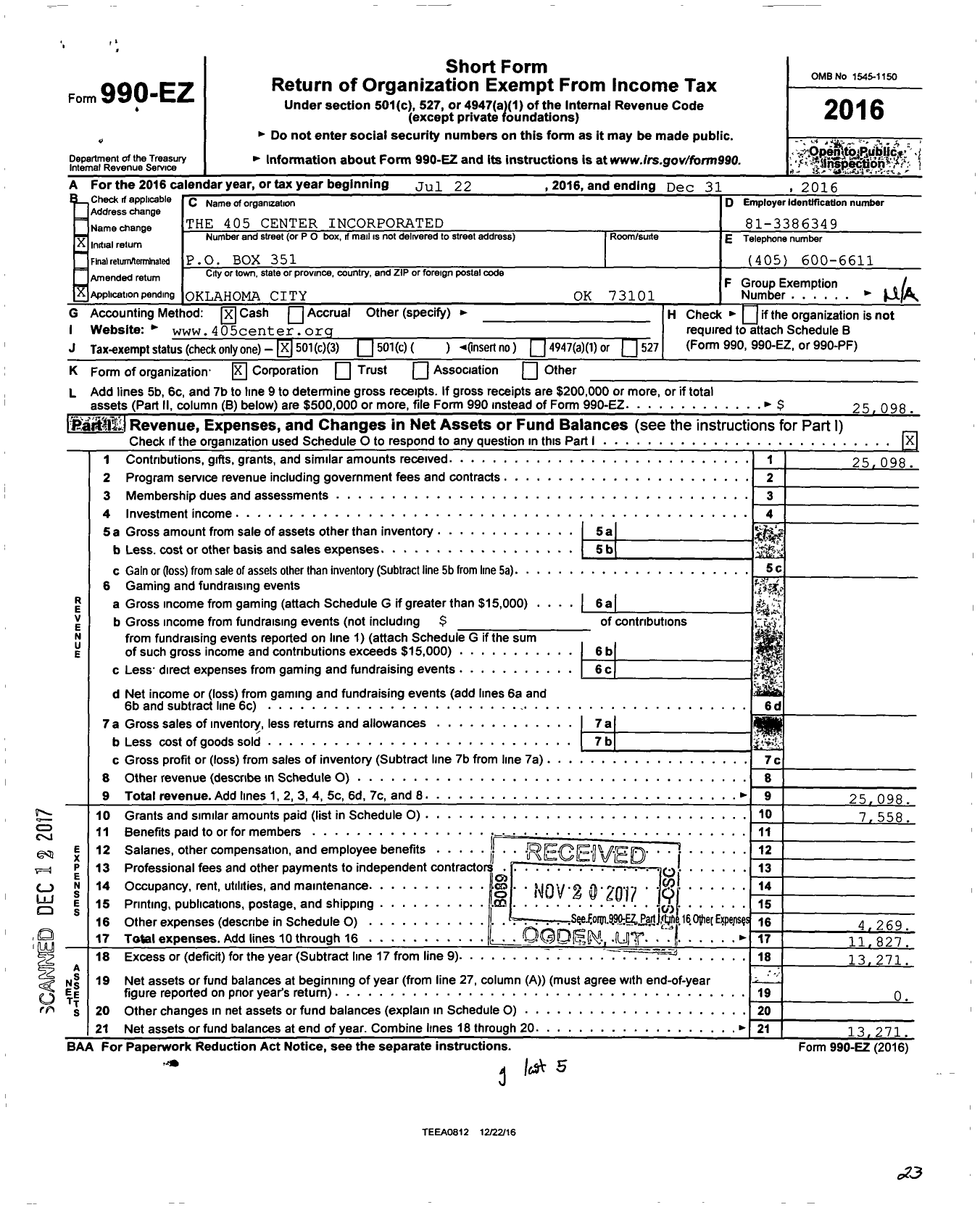 Image of first page of 2016 Form 990EZ for The 405 Center Incorporated