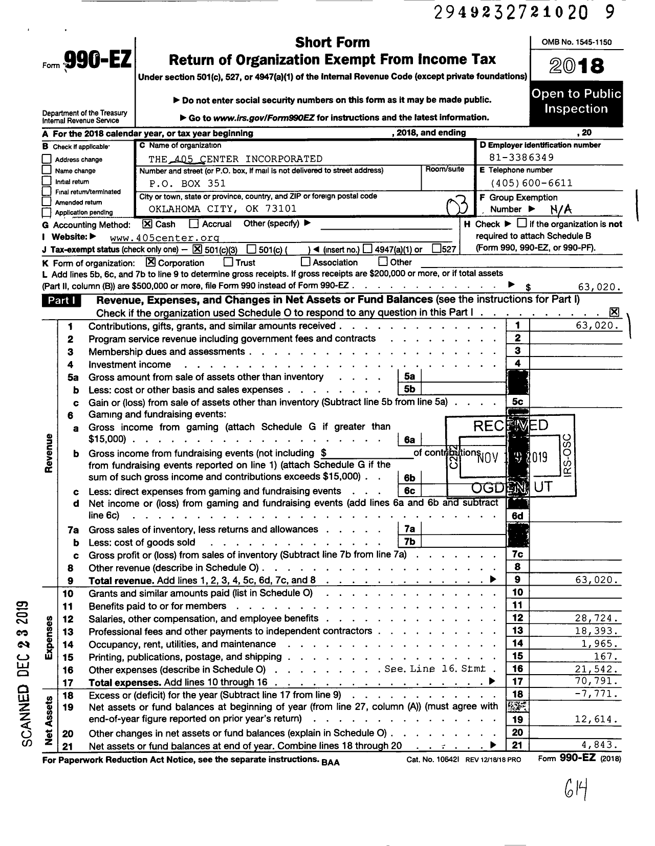 Image of first page of 2018 Form 990EZ for The 405 Center Incorporated