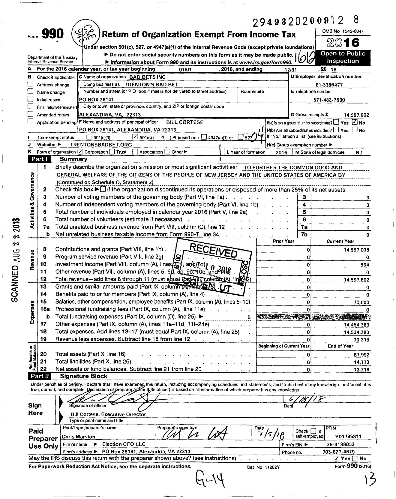 Image of first page of 2016 Form 990O for Trenton's Bad Bet