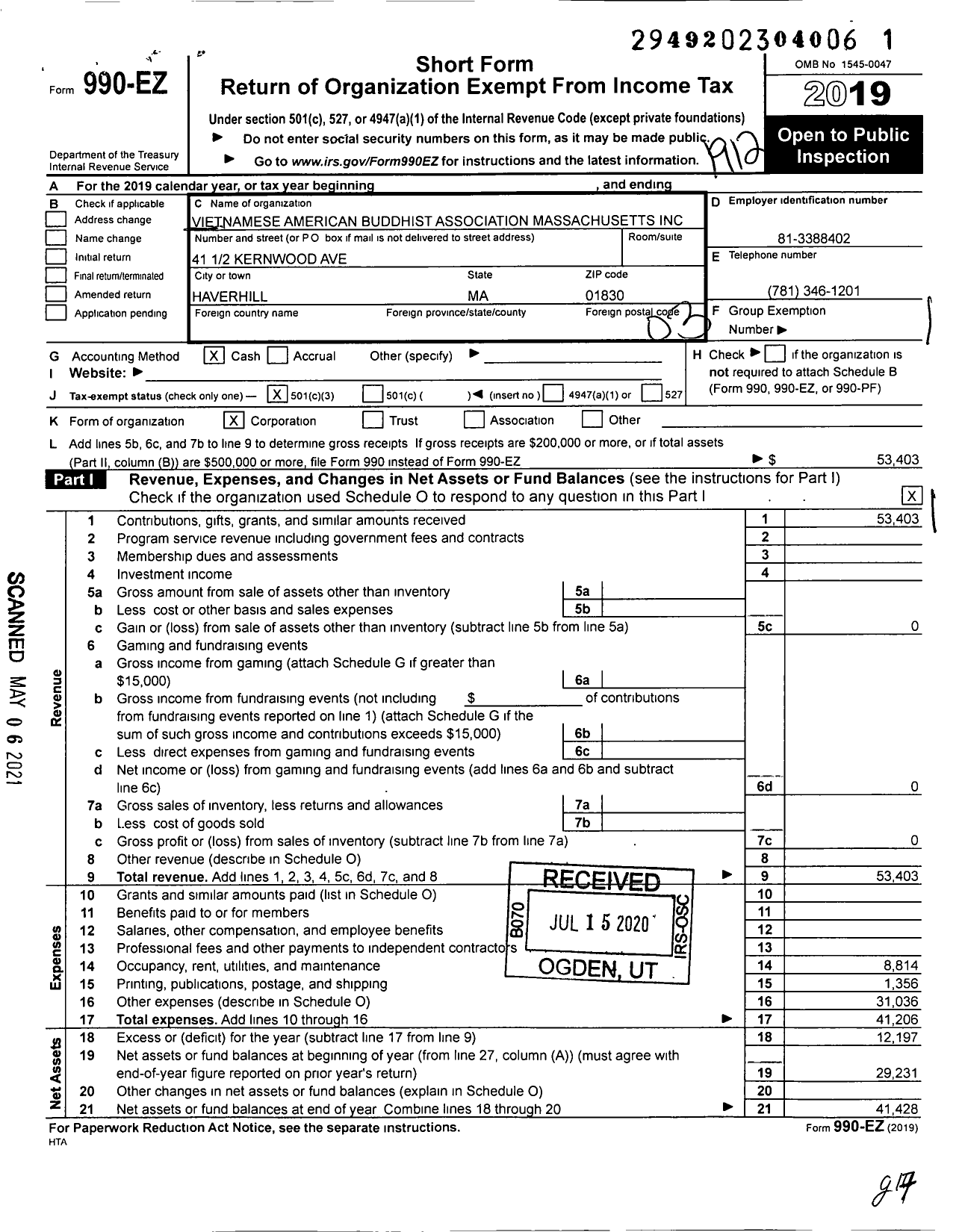 Image of first page of 2019 Form 990EZ for Vietnamese American Buddhist Association