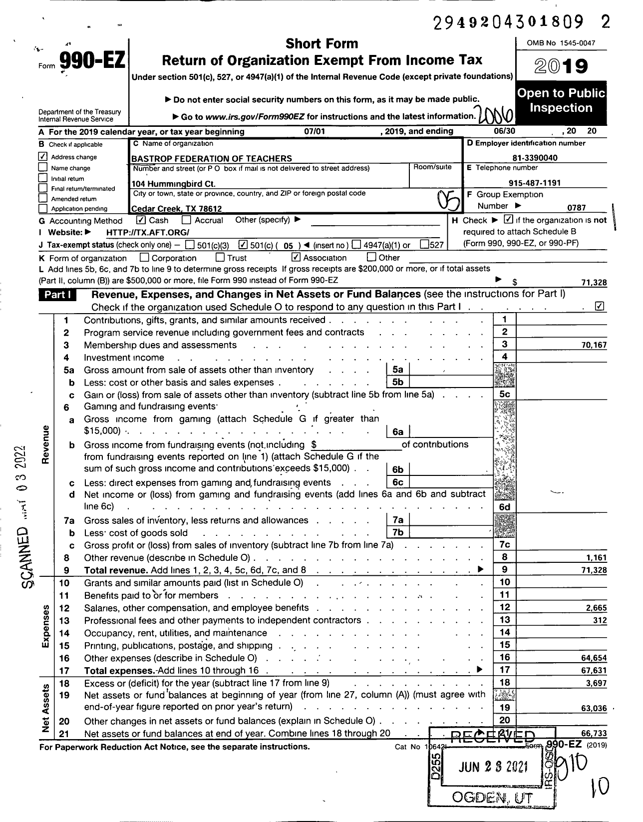 Image of first page of 2019 Form 990EO for American Federation of Teachers - 6567 Bastrop Federation of Teachers