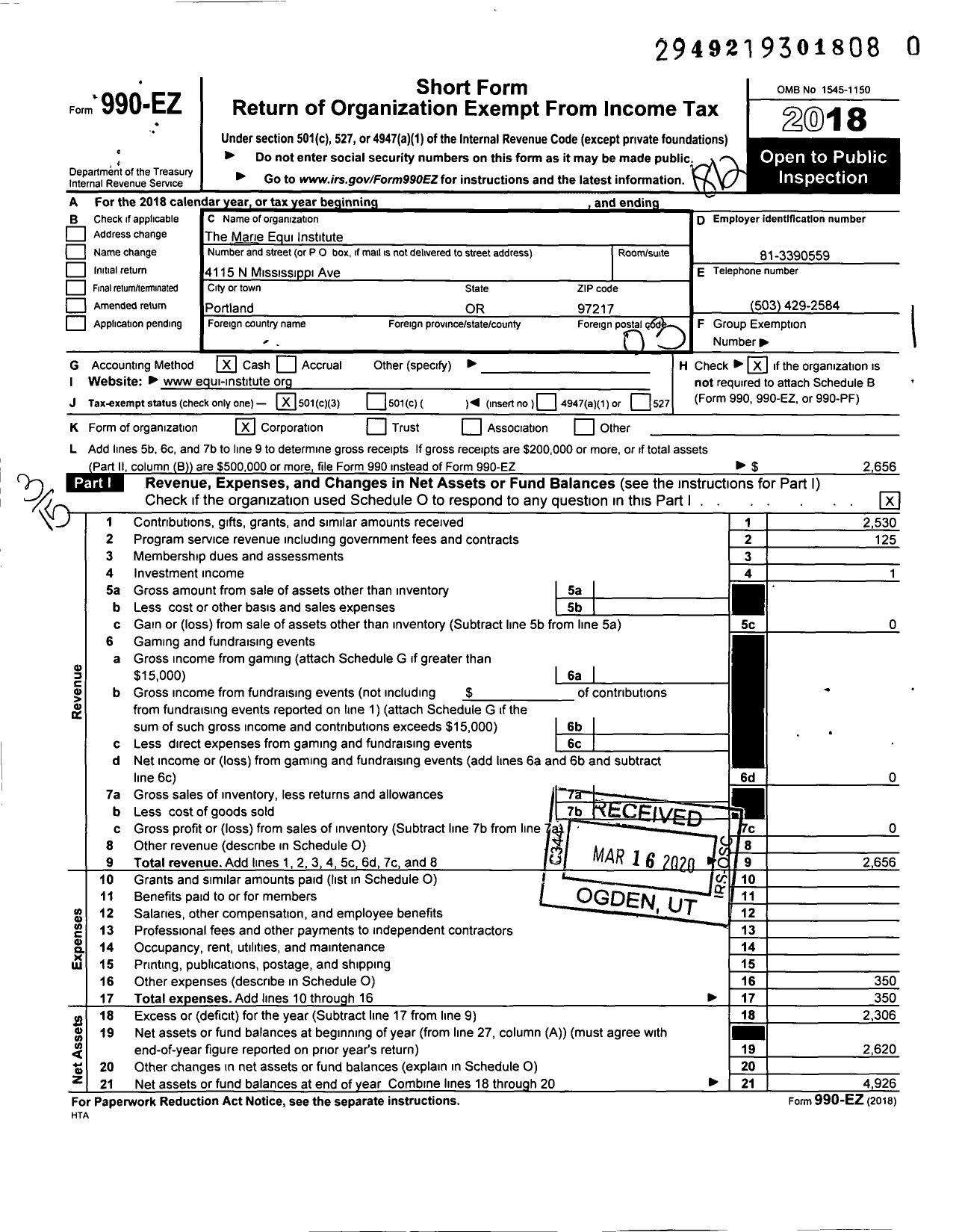 Image of first page of 2018 Form 990EZ for The Marie Equi Institute