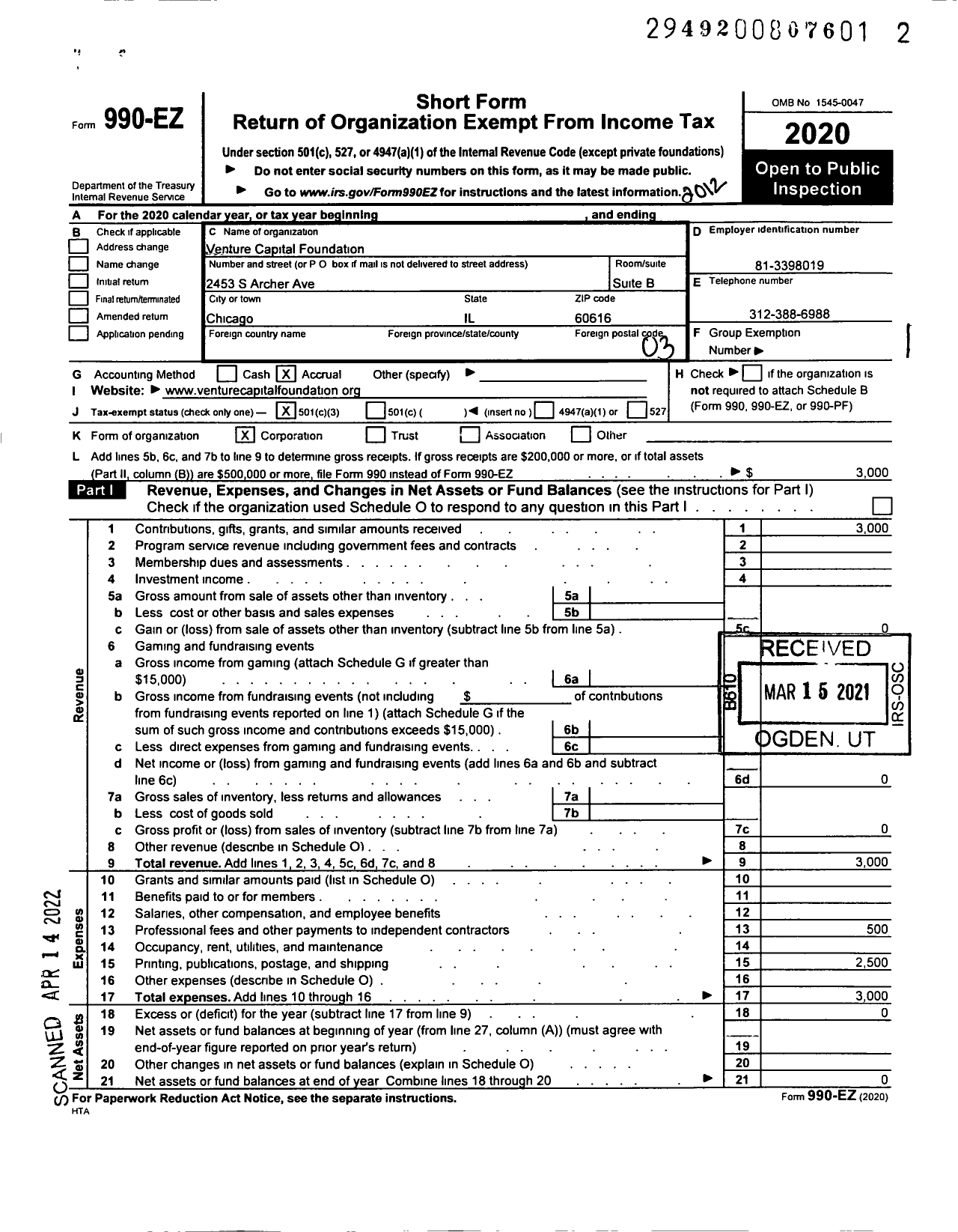 Image of first page of 2020 Form 990EZ for Venture Capital Foundation