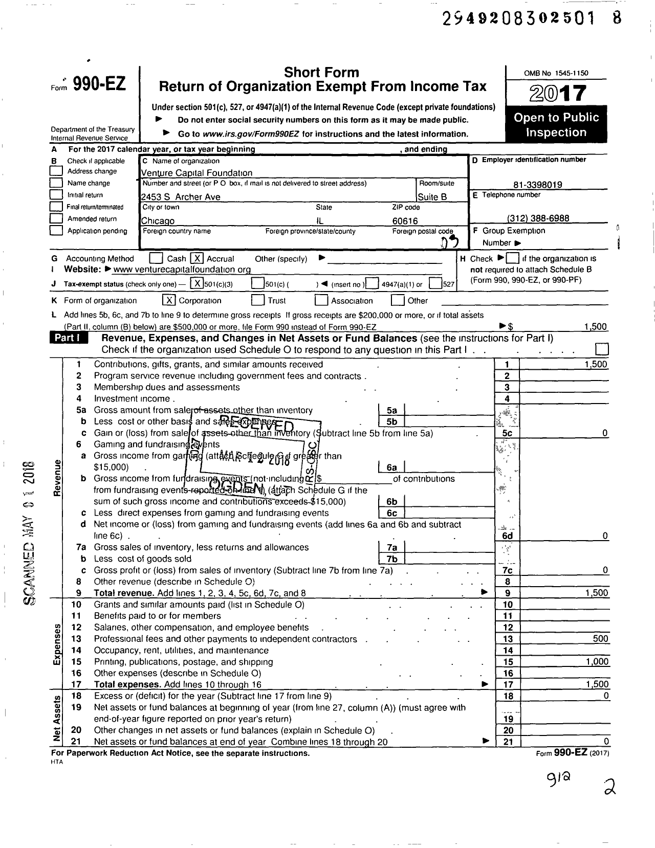 Image of first page of 2017 Form 990EZ for Venture Capital Foundation