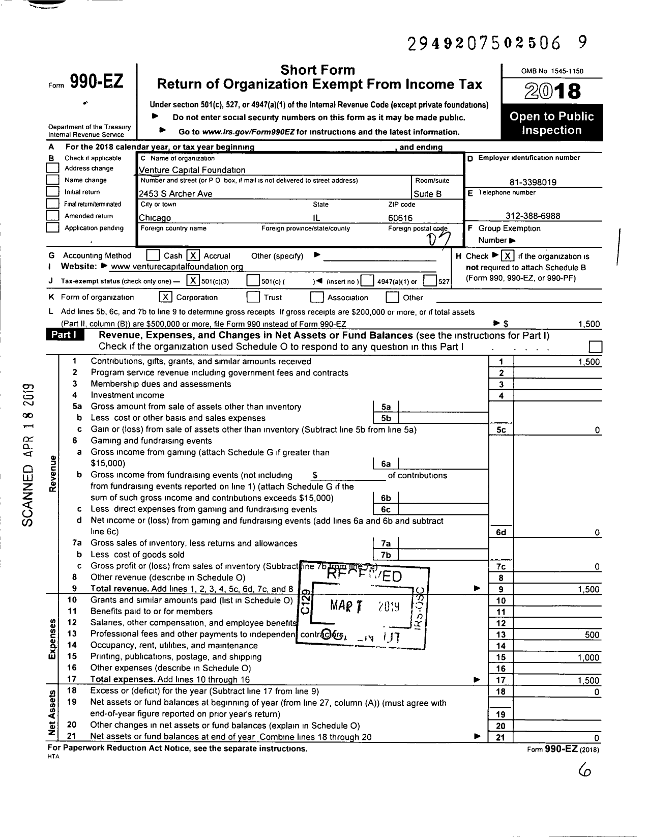 Image of first page of 2018 Form 990EZ for Venture Capital Foundation