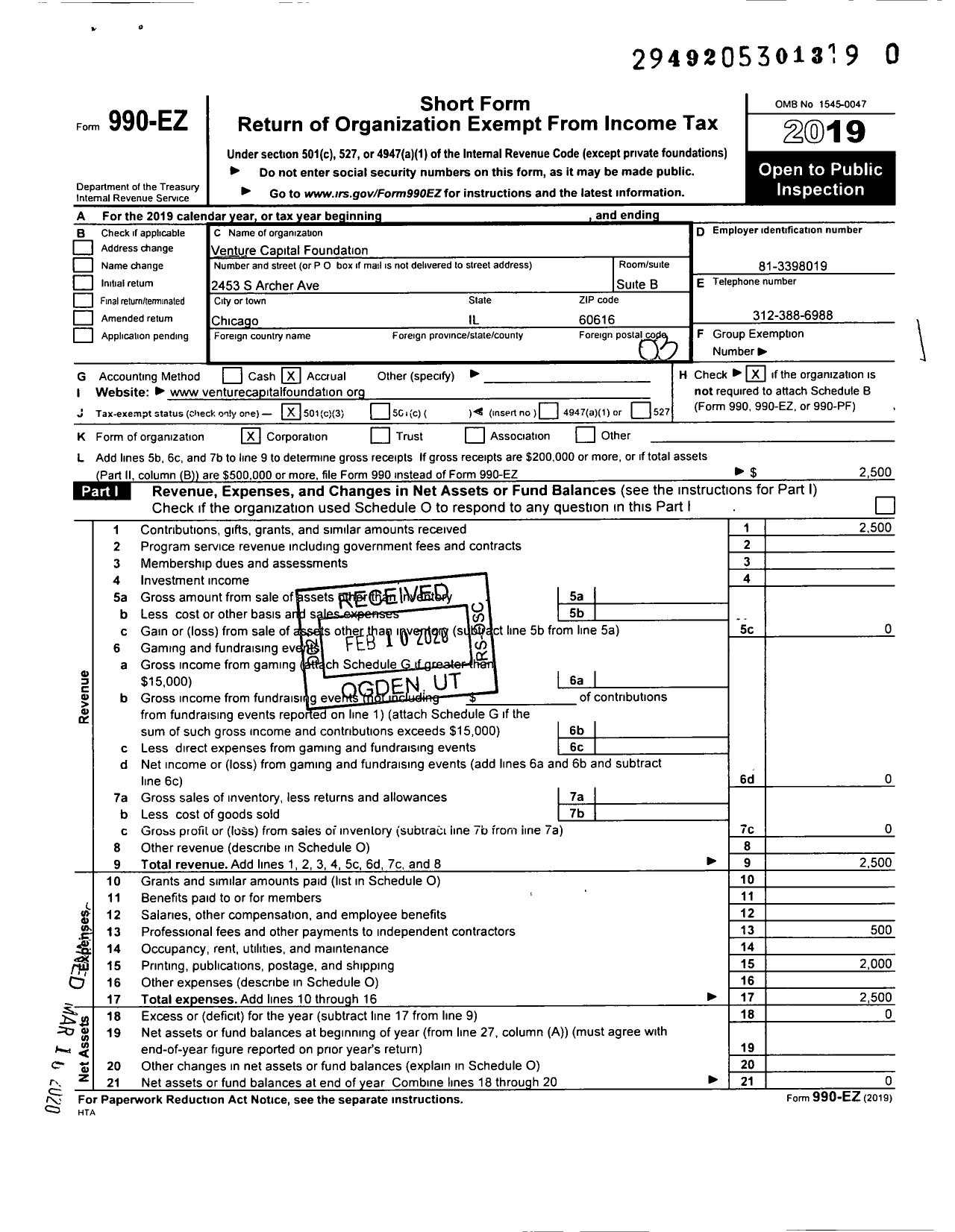 Image of first page of 2019 Form 990EZ for Venture Capital Foundation