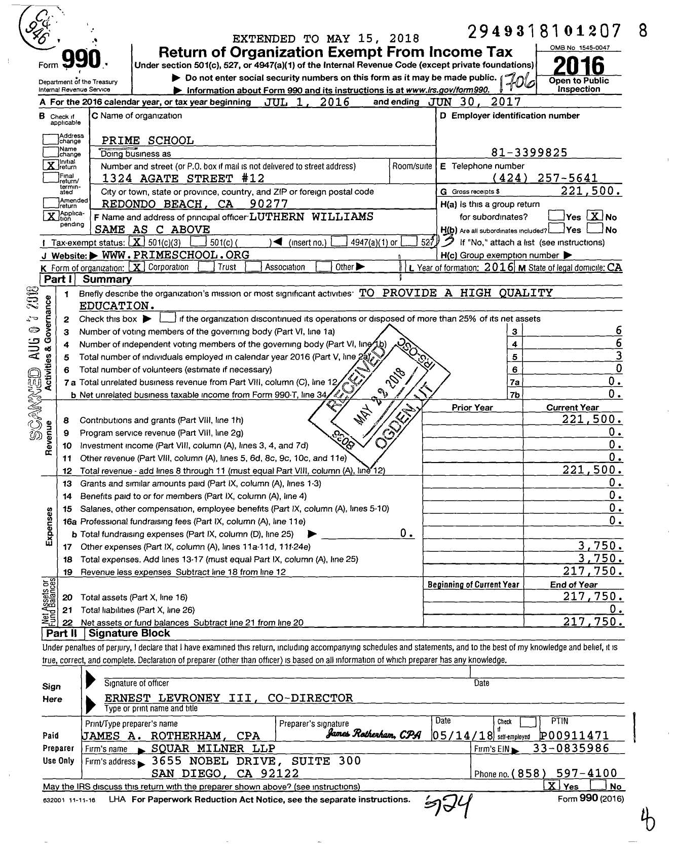 Image of first page of 2016 Form 990 for Prime School