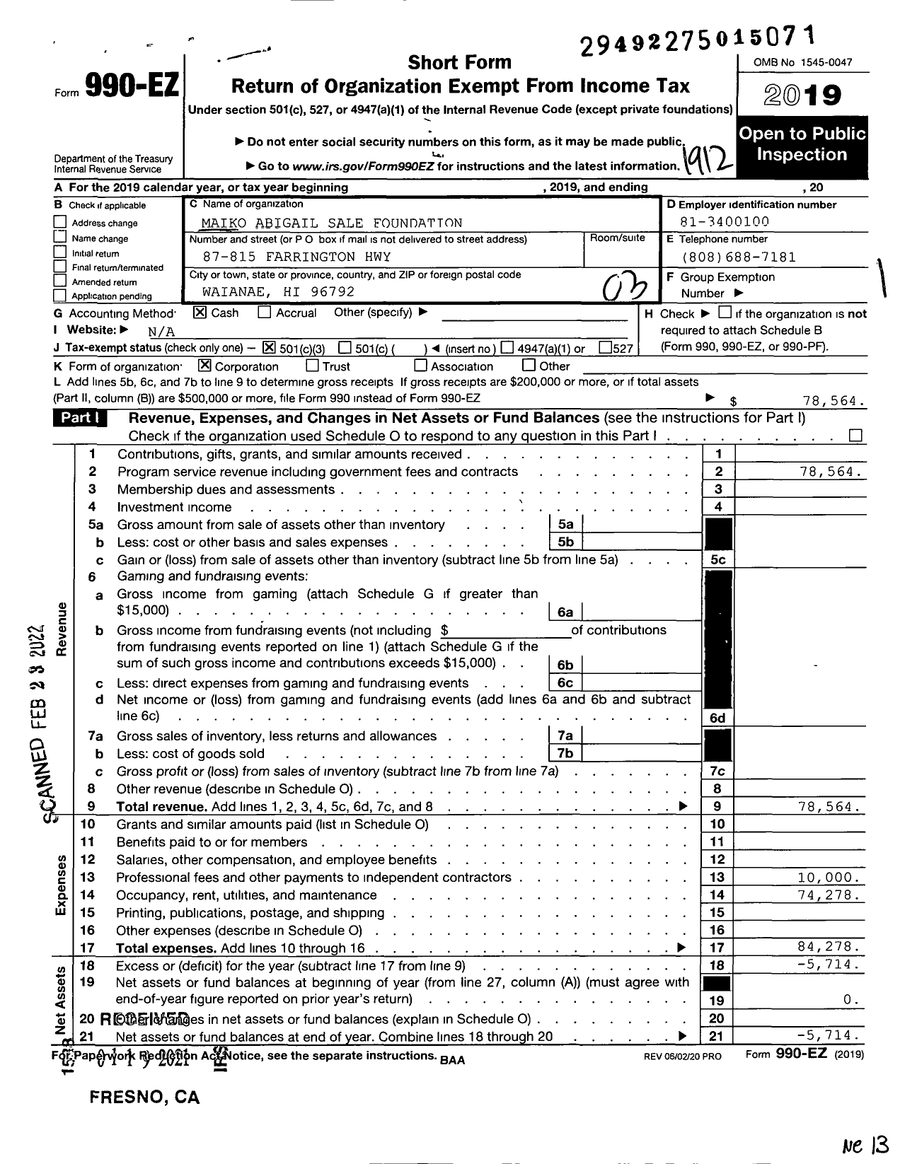 Image of first page of 2019 Form 990EZ for Maiko Abigail Sale Foundation