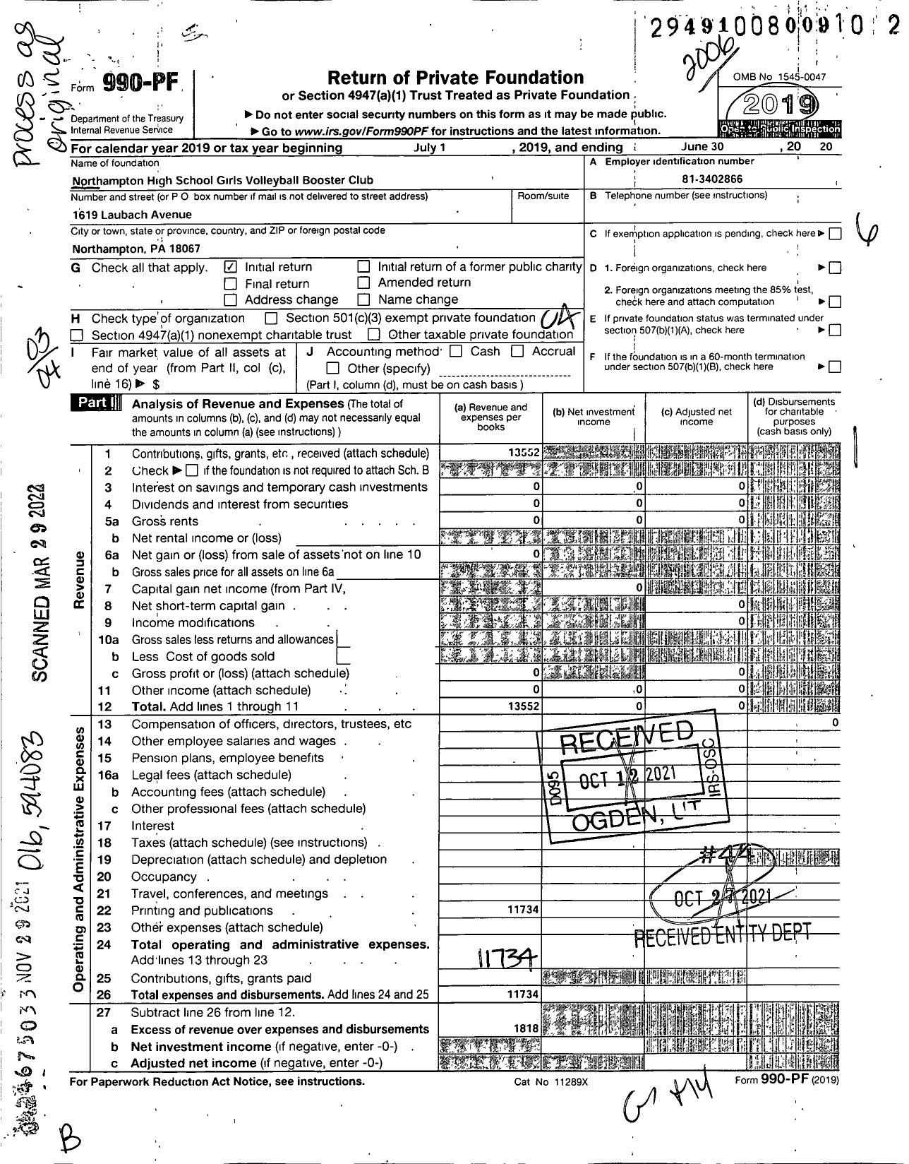 Image of first page of 2019 Form 990PF for Northampton High School Girls