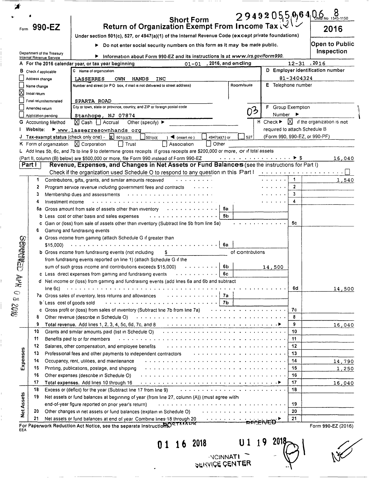 Image of first page of 2016 Form 990EZ for Lasserres Own Hands