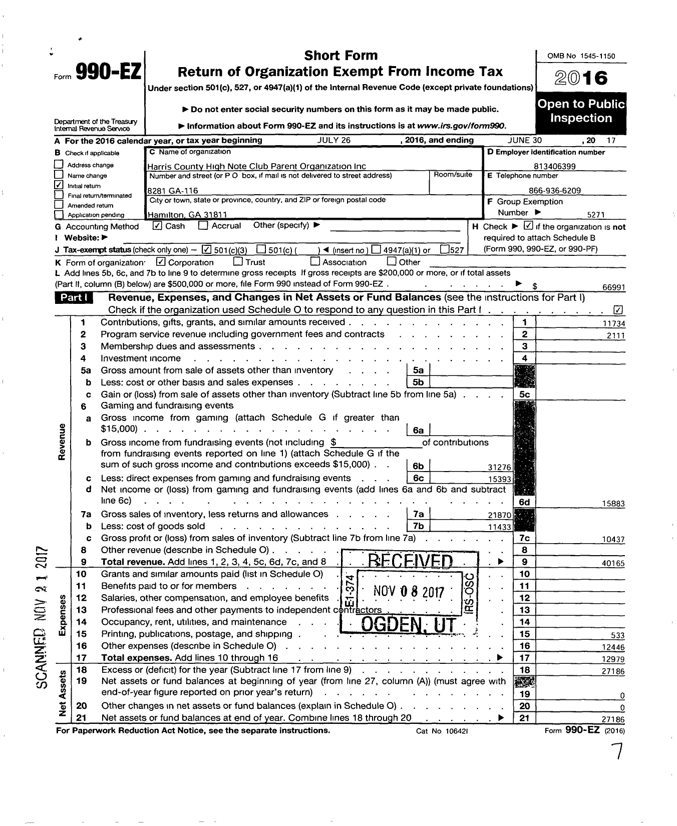 Image of first page of 2016 Form 990EZ for Harris County High Note Club Parent Organization