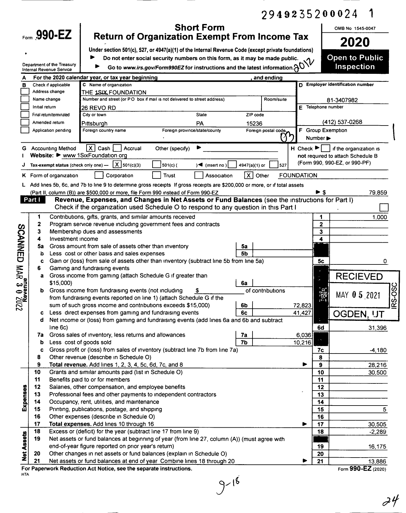 Image of first page of 2020 Form 990EZ for 1six Foundation