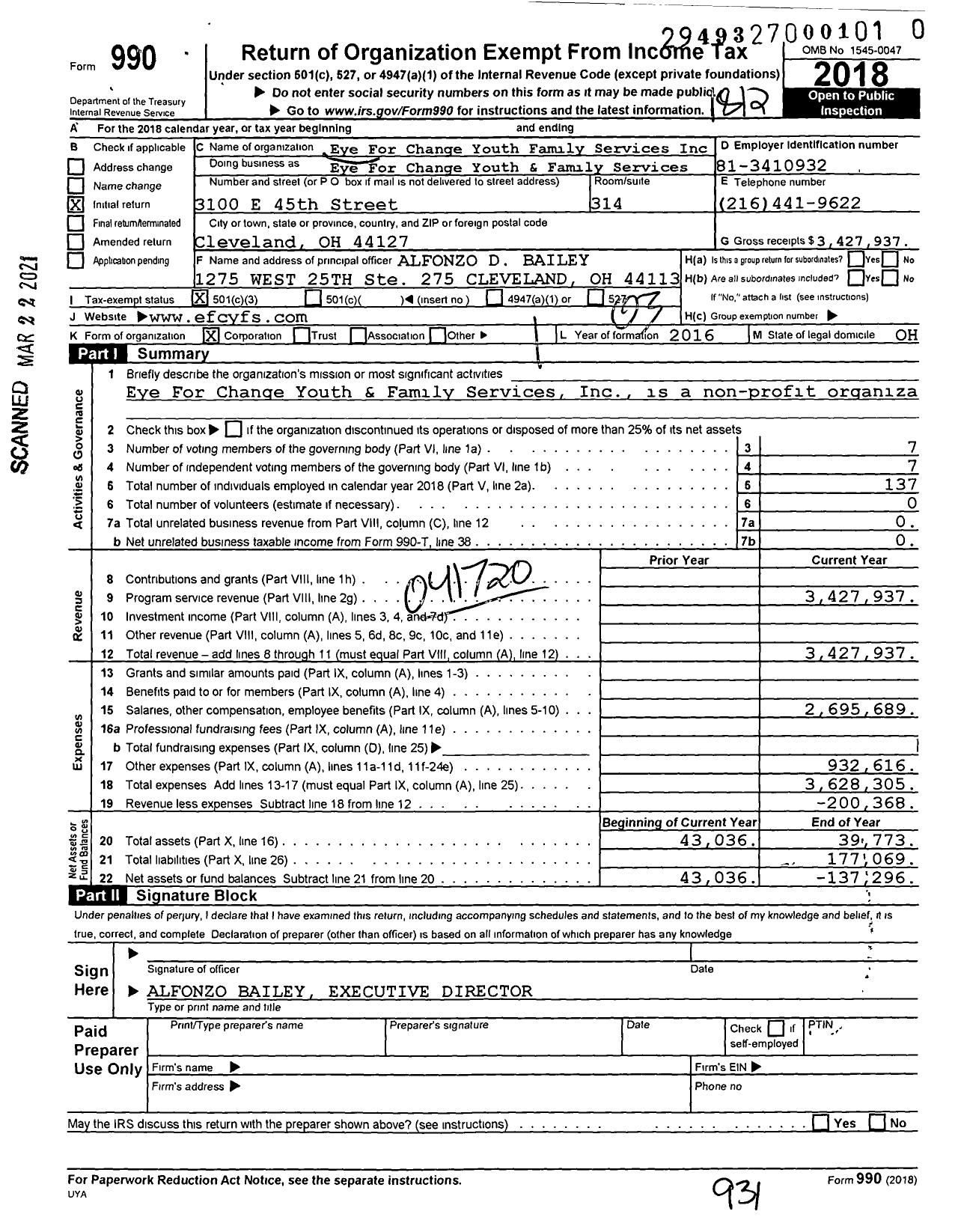 Image of first page of 2018 Form 990 for Eye for Change Youth Family Services