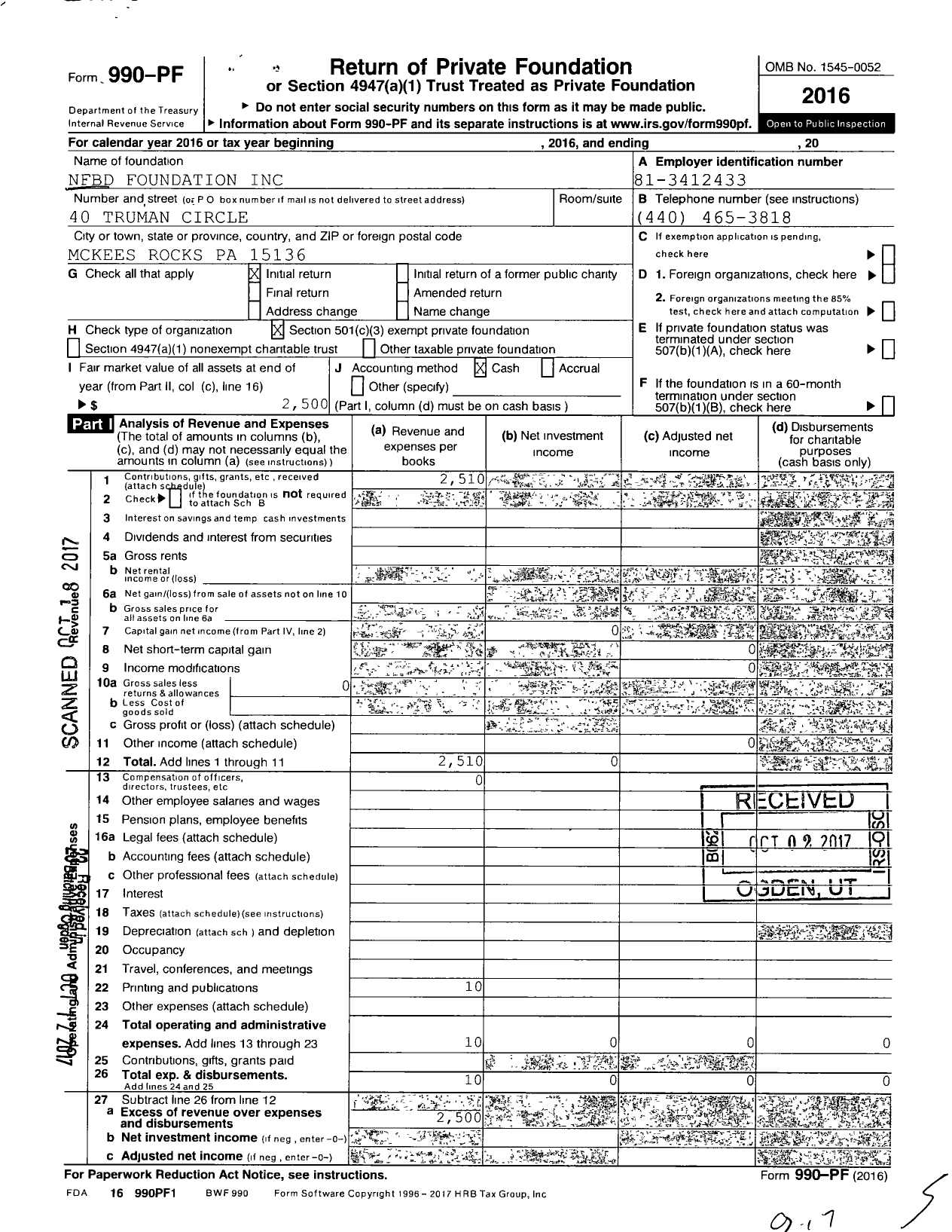 Image of first page of 2016 Form 990PF for NFBD Foundation