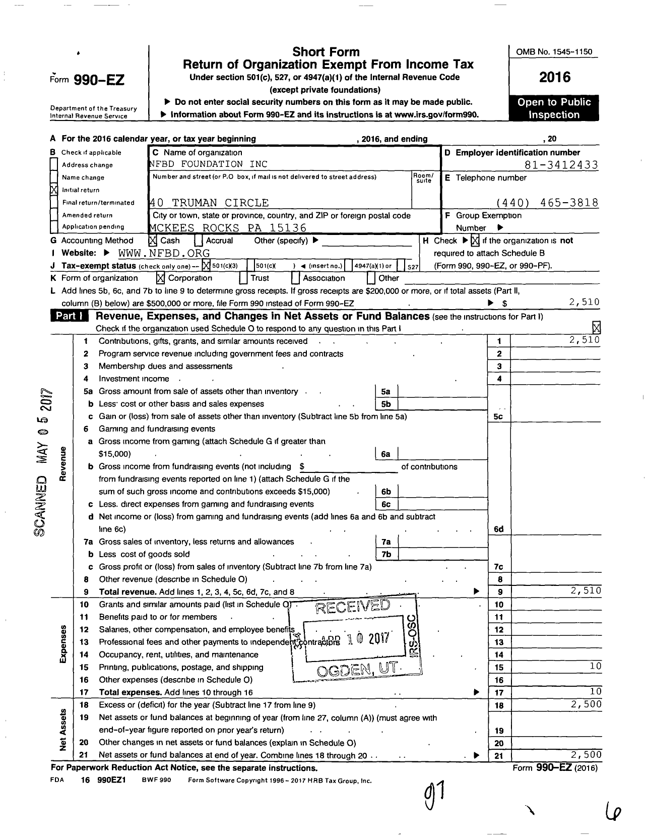 Image of first page of 2016 Form 990EZ for NFBD Foundation