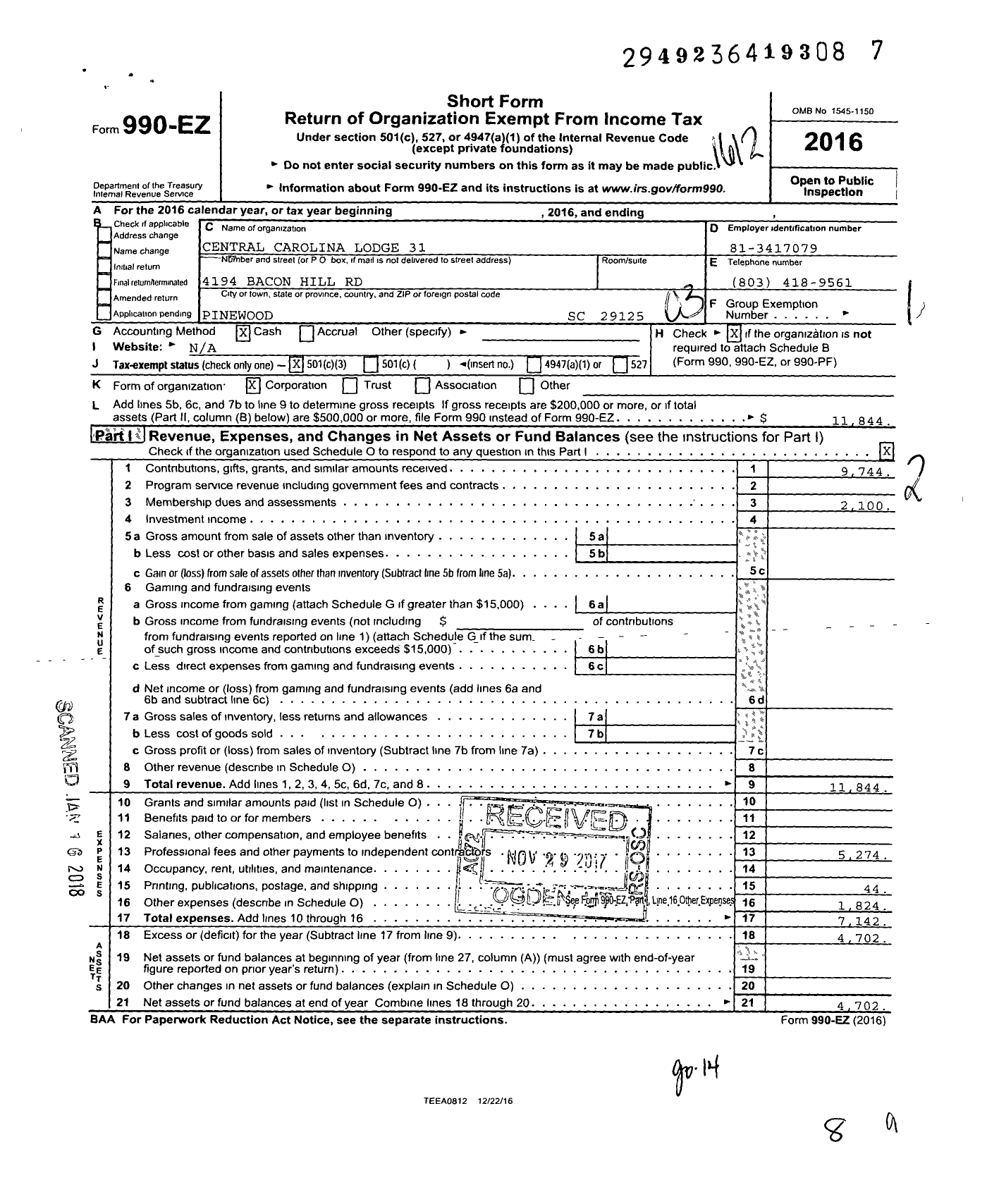 Image of first page of 2016 Form 990EZ for Fraternal Order of Police - 31 Central Carolina Lodge