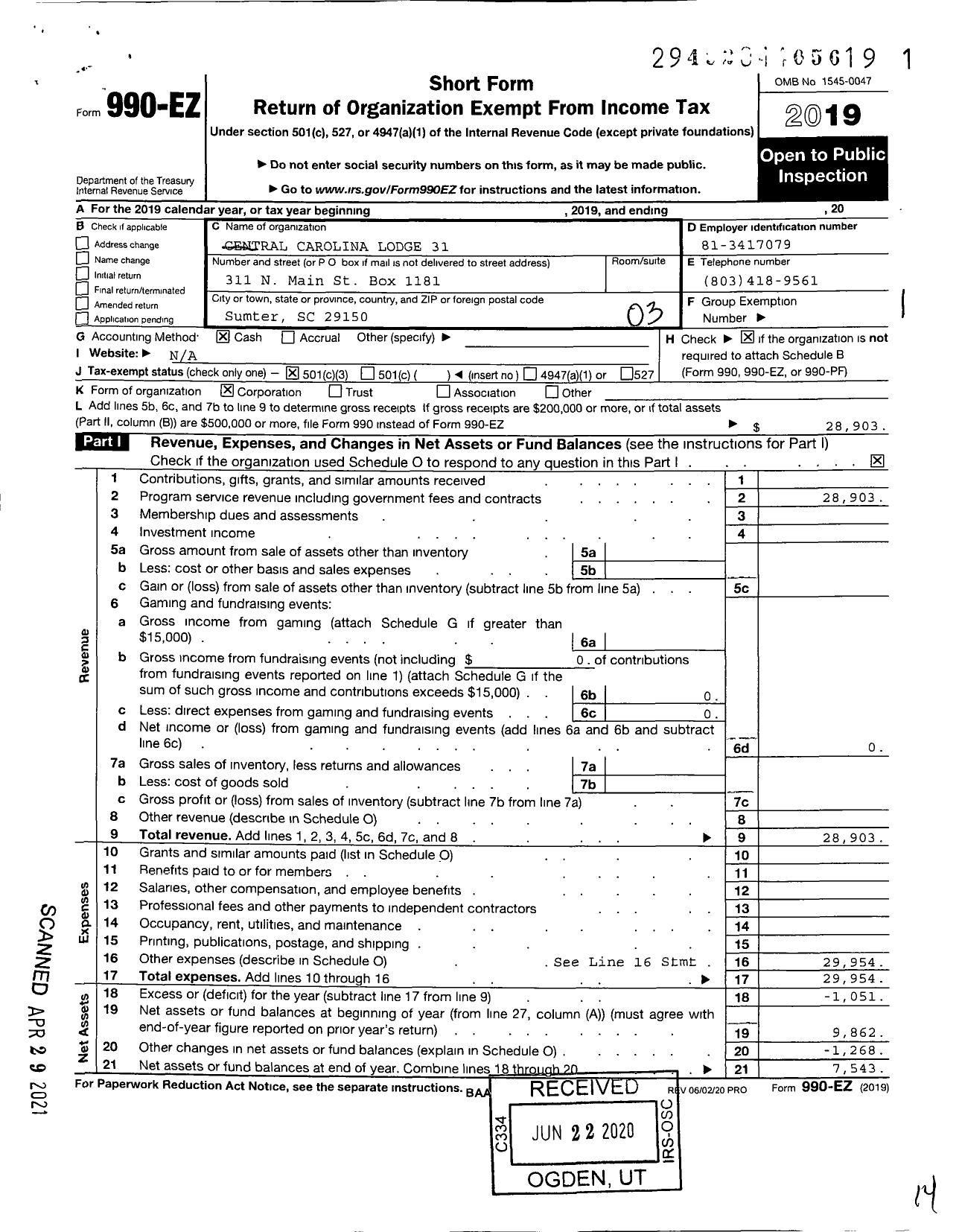 Image of first page of 2019 Form 990EZ for Fraternal Order of Police - 31 Central Carolina Lodge