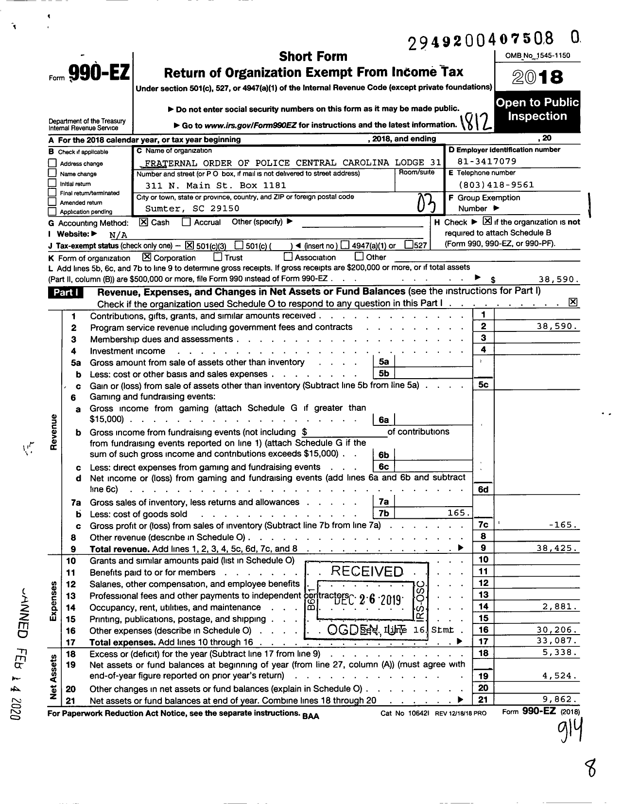 Image of first page of 2018 Form 990EZ for Fraternal Order of Police - 31 Central Carolina Lodge