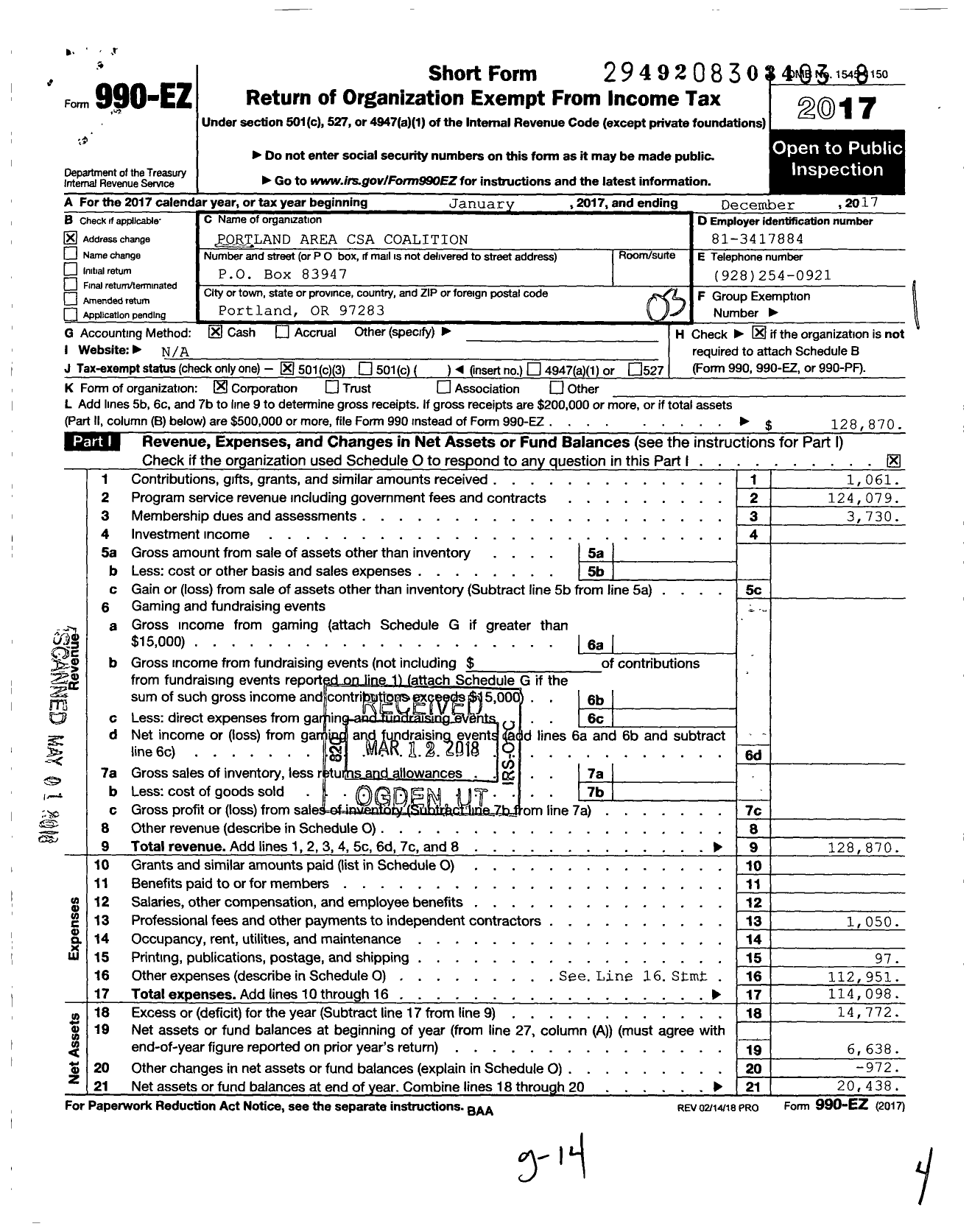 Image of first page of 2017 Form 990EZ for Pacific NW Csa Coalition