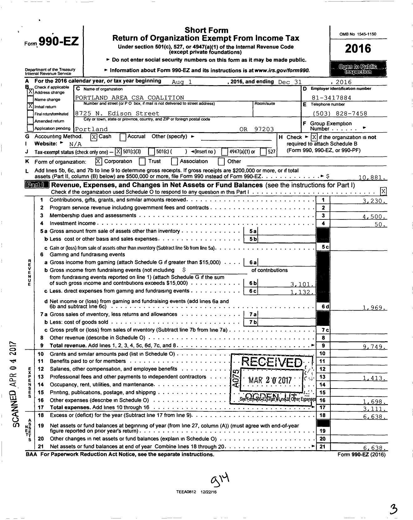 Image of first page of 2016 Form 990EZ for Pacific NW Csa Coalition