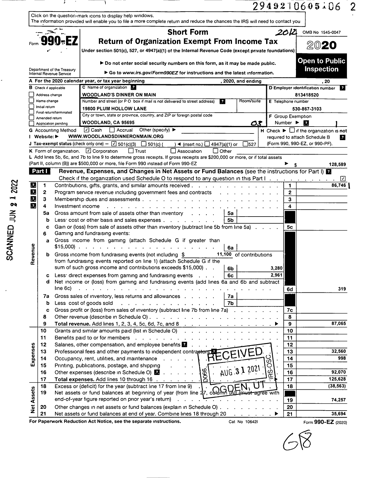 Image of first page of 2020 Form 990EZ for Woodlands Dinner on Main