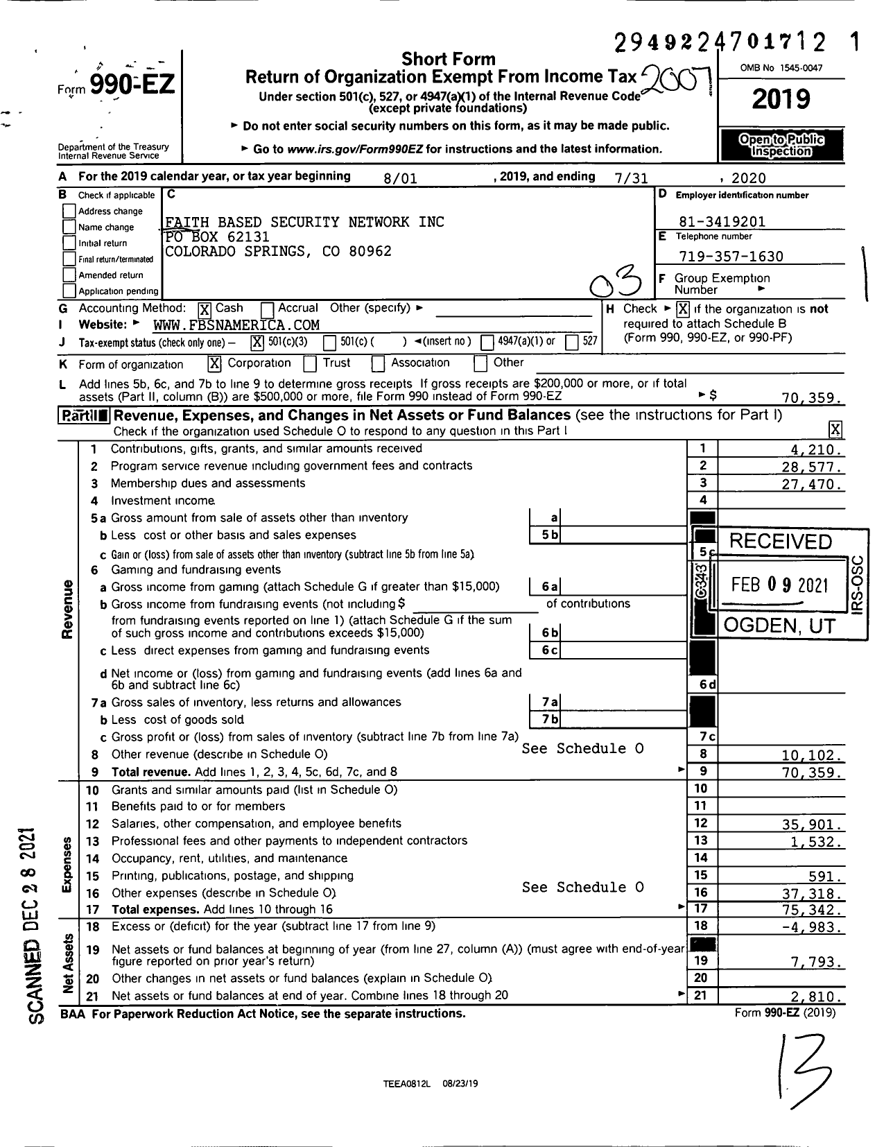 Image of first page of 2019 Form 990EZ for Faith Based Security Network