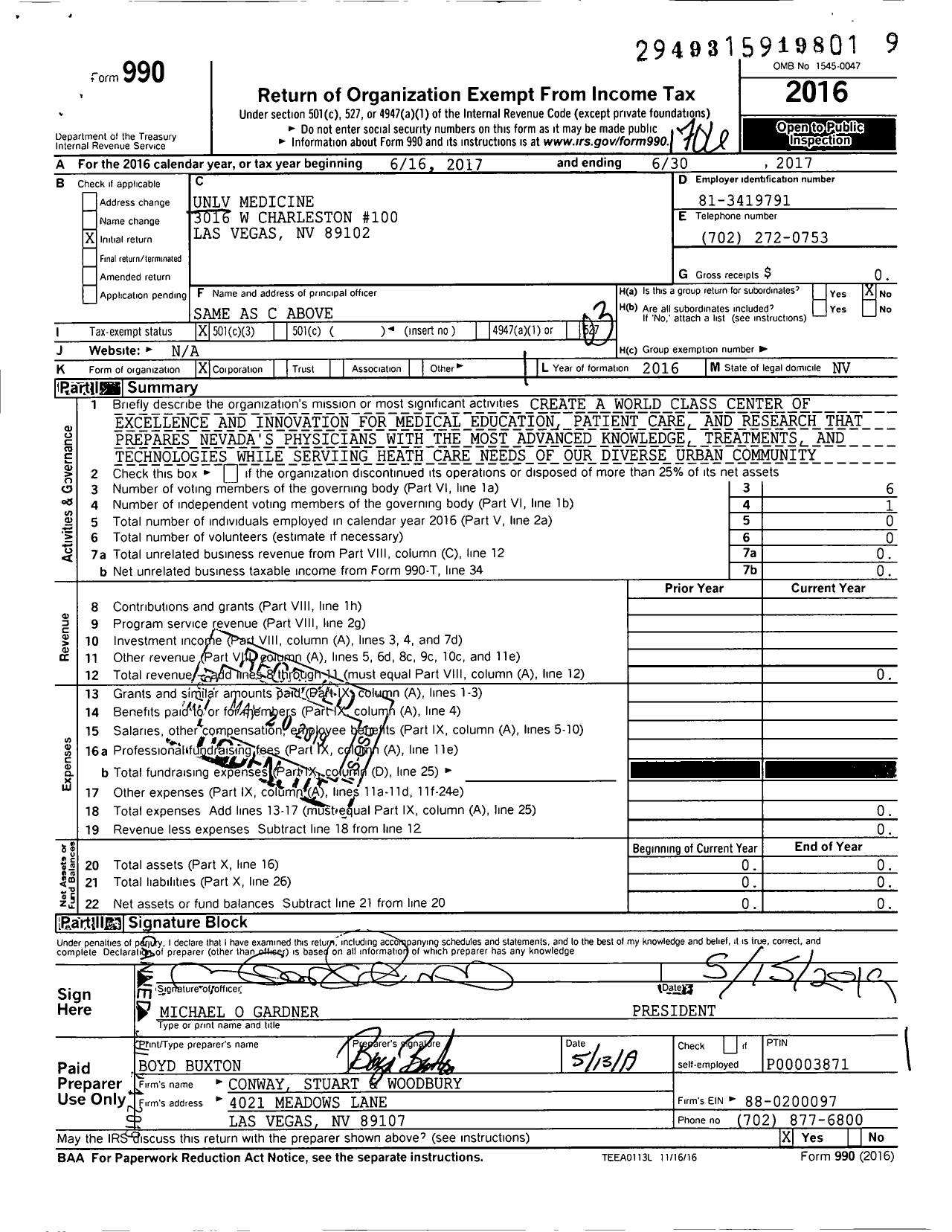 Image of first page of 2016 Form 990 for Unlv Medicine