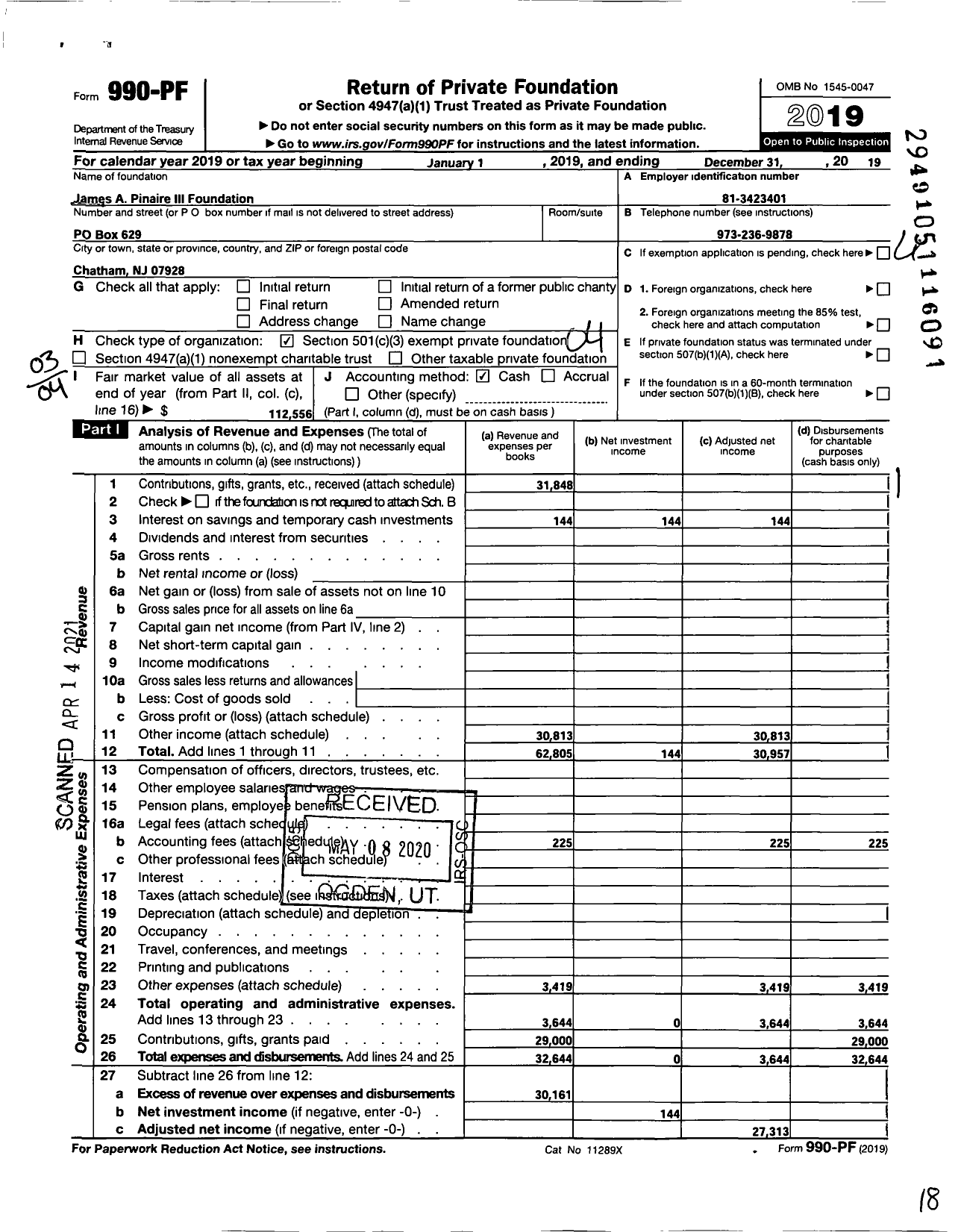 Image of first page of 2019 Form 990PF for James A Pinaire Iii Foundation