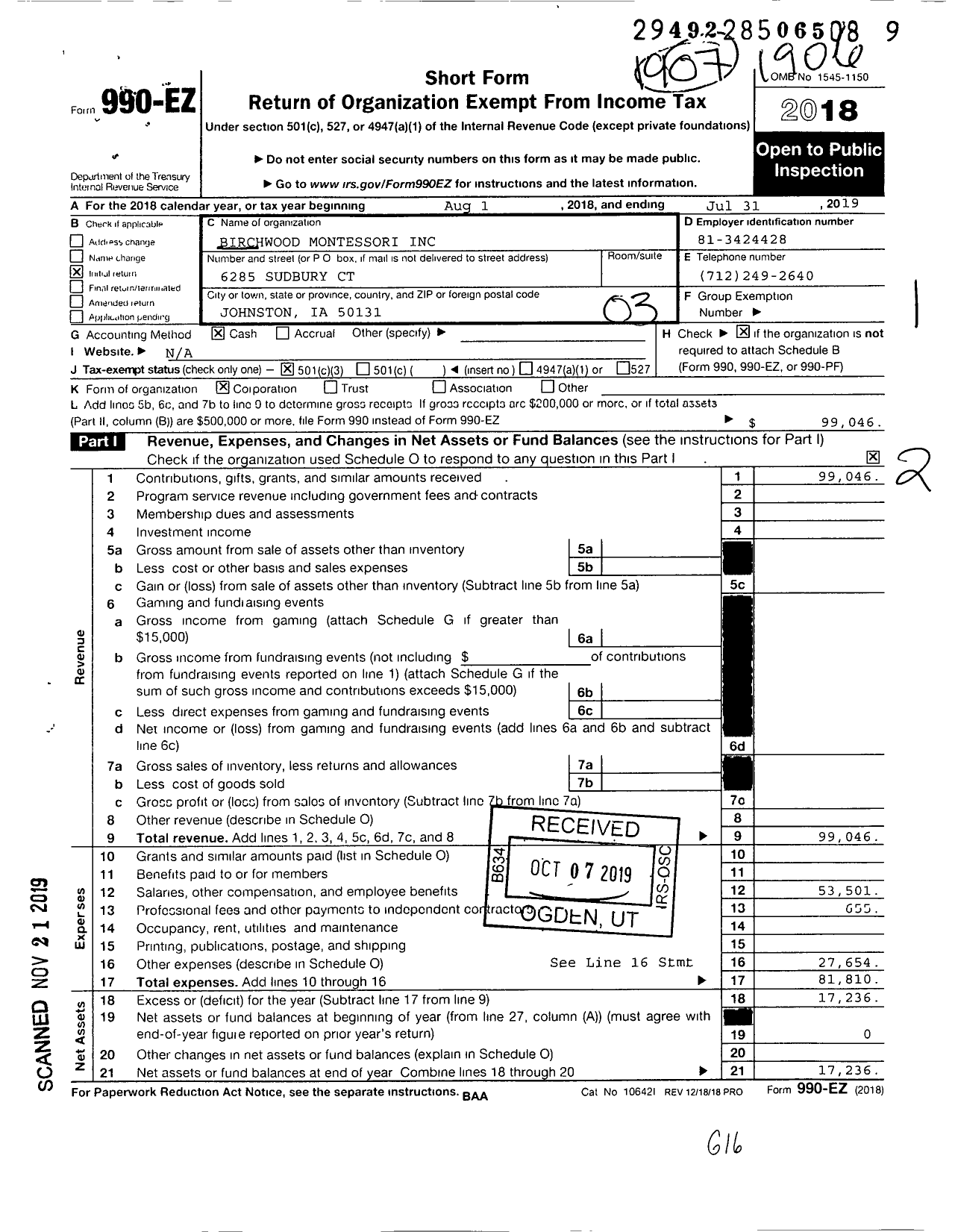 Image of first page of 2018 Form 990EZ for Birchwood Montessori