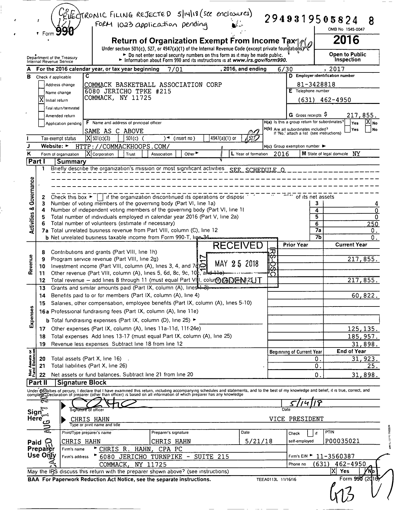 Image of first page of 2016 Form 990 for Commack Basketball Association Corporation