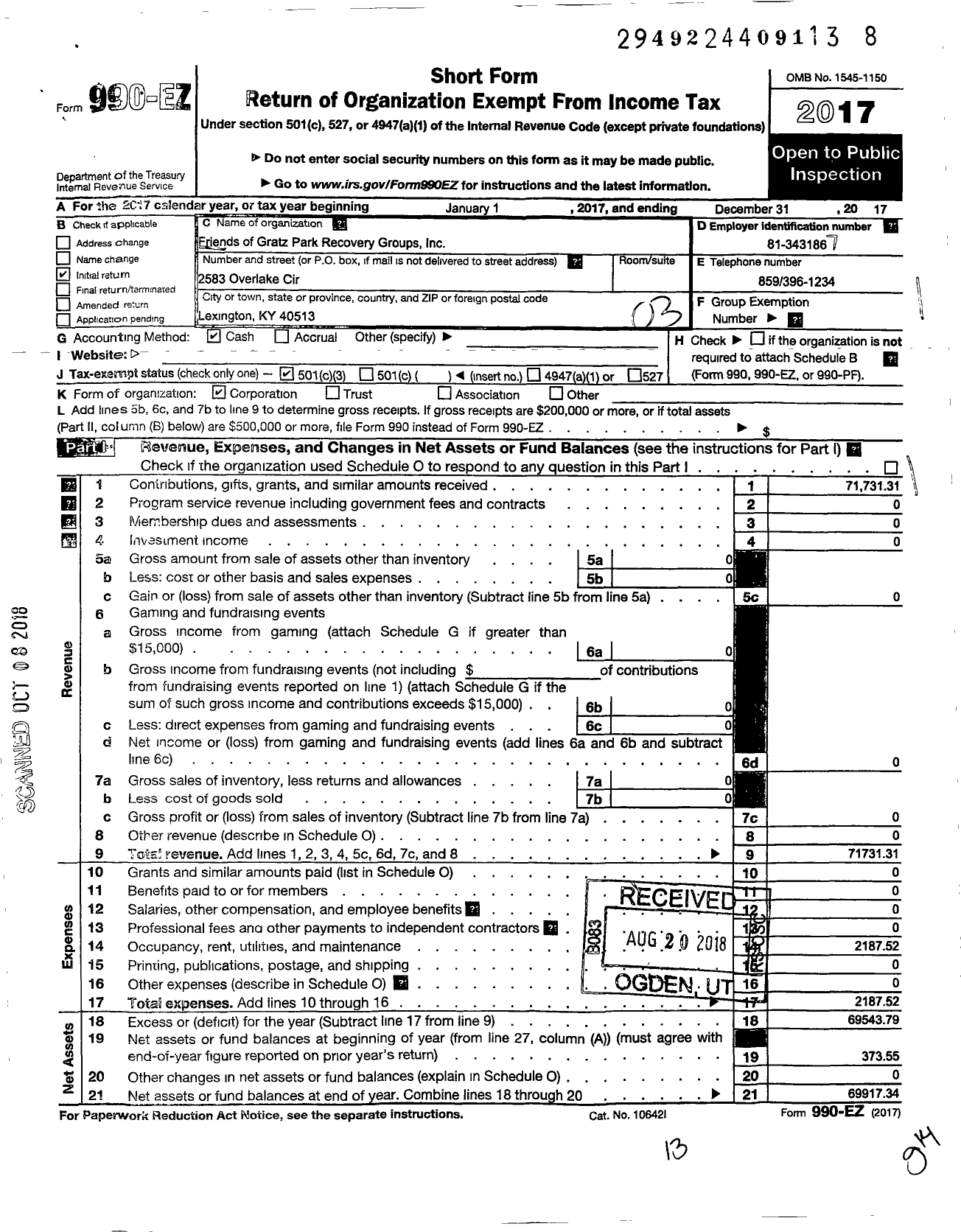 Image of first page of 2017 Form 990EZ for Friends of Gratz Park Recovery Groups