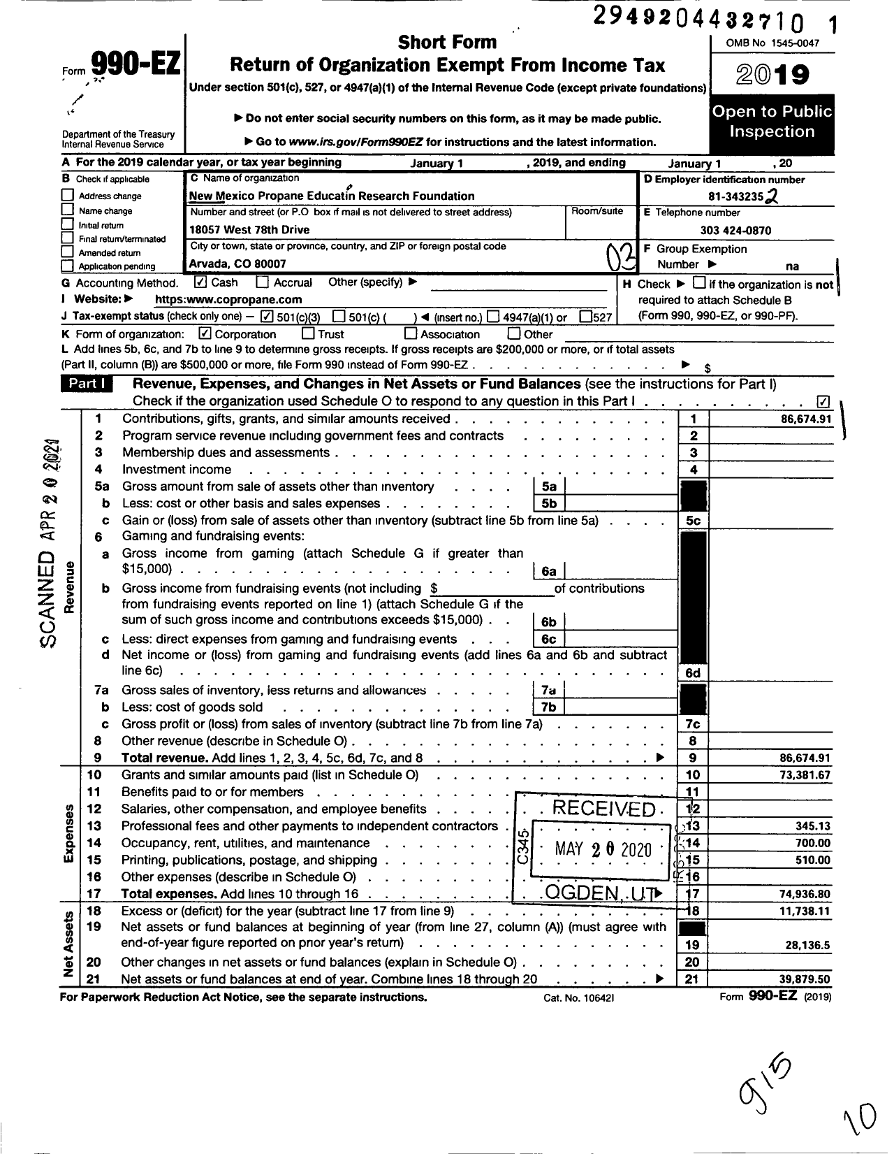 Image of first page of 2019 Form 990EZ for New Mexico Propane Education and Research Foundation