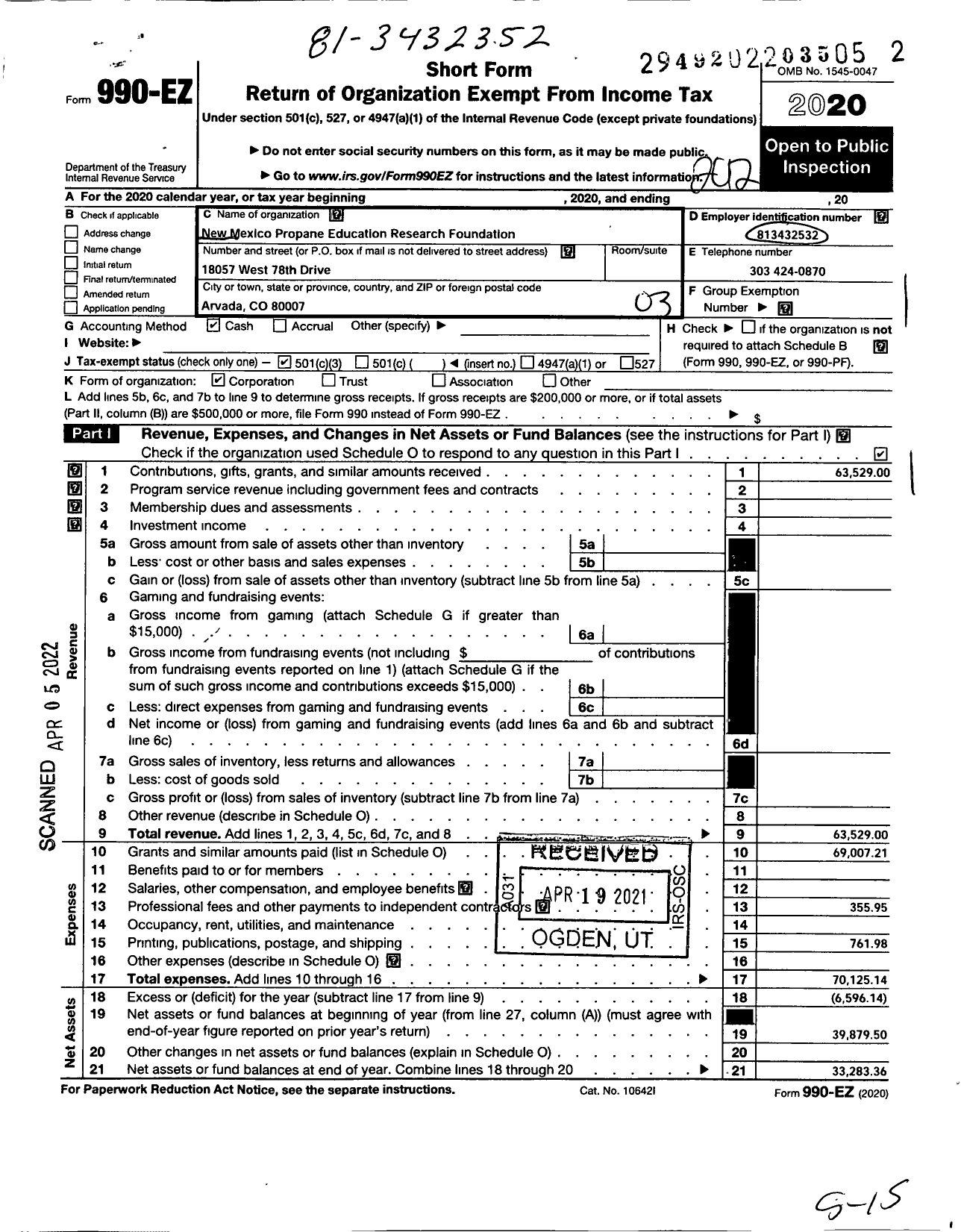 Image of first page of 2020 Form 990EZ for New Mexico Propane Education and Research Foundation