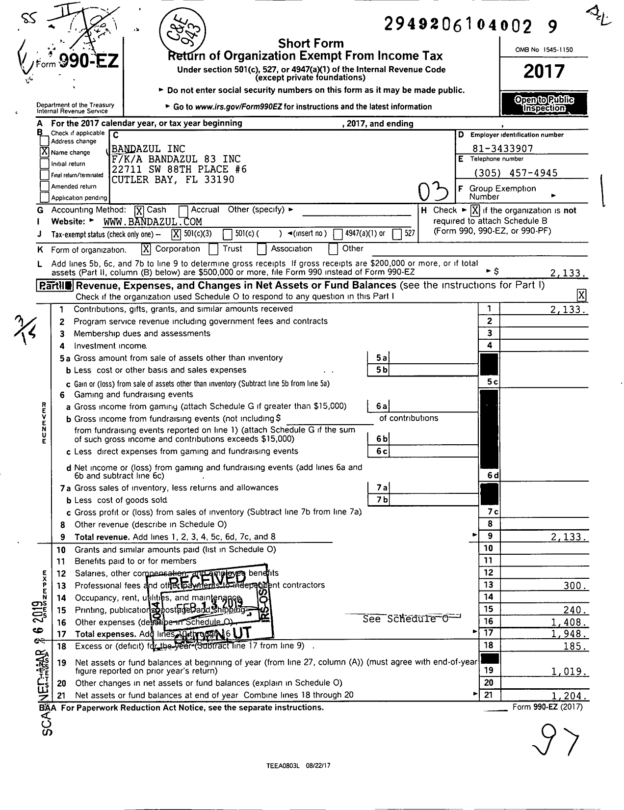 Image of first page of 2017 Form 990EZ for Bandazul