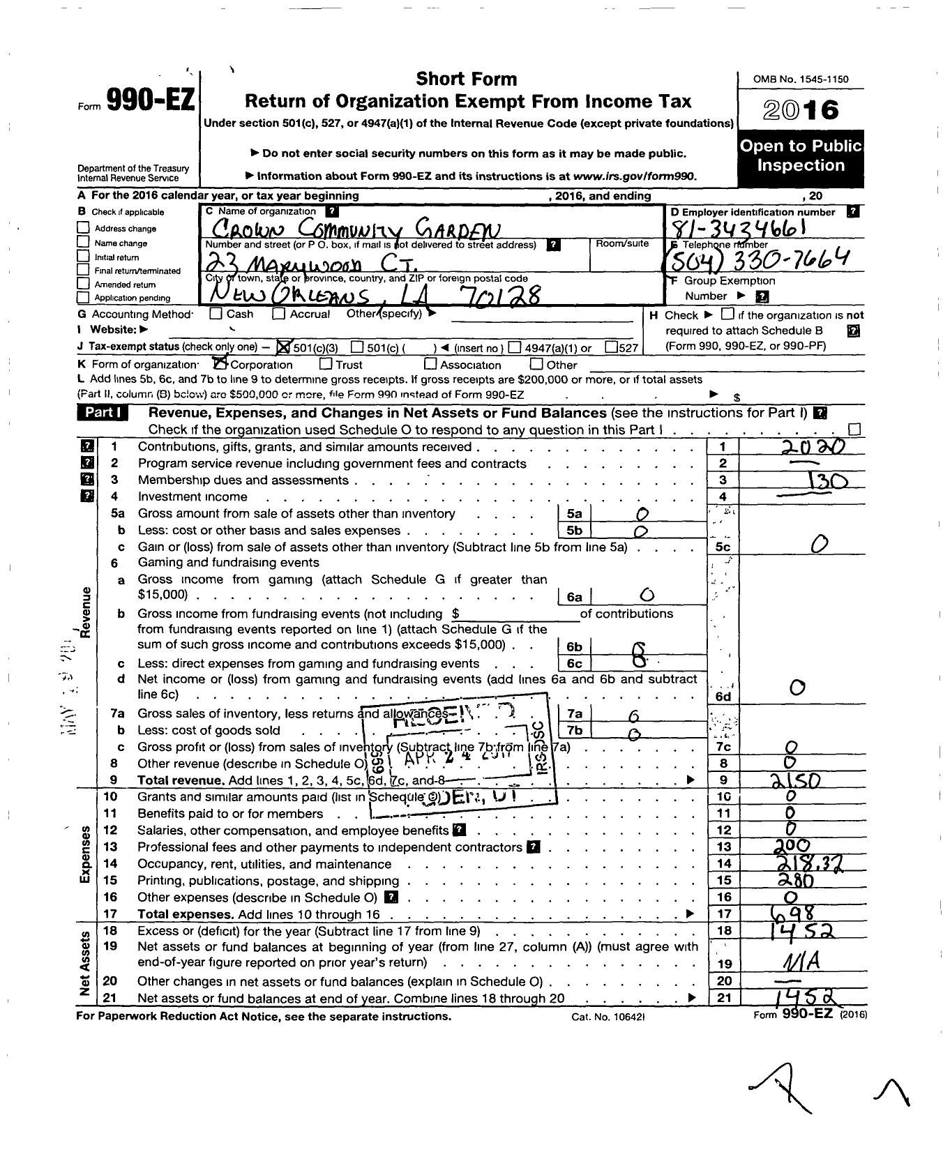Image of first page of 2016 Form 990EZ for Crown Community Garden