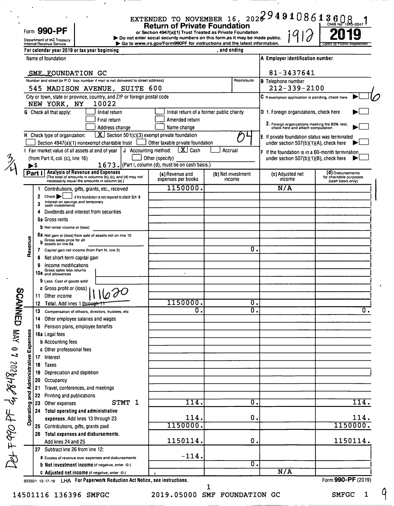 Image of first page of 2019 Form 990PF for SMF Foundation GC