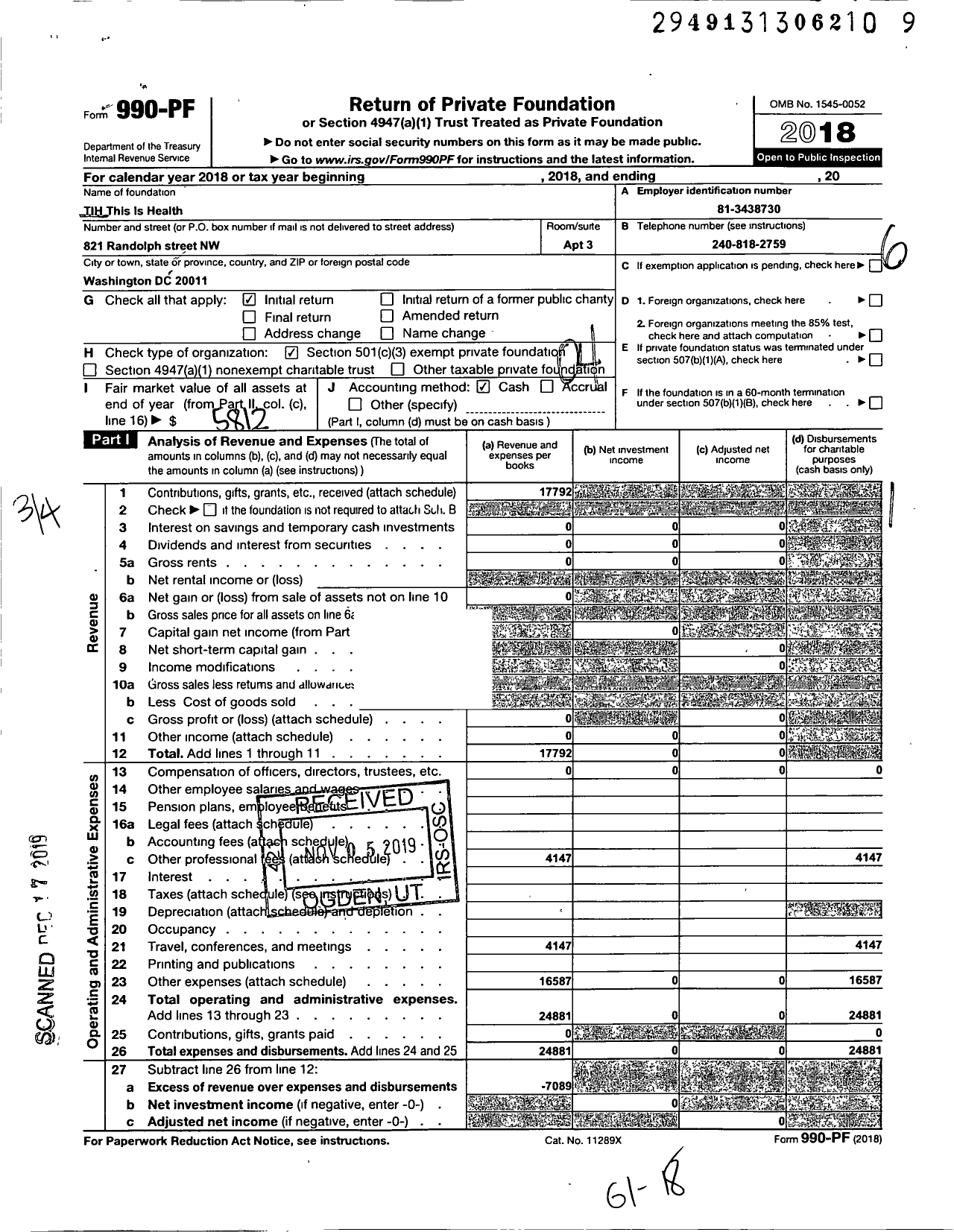 Image of first page of 2018 Form 990PF for Tih This Is Health