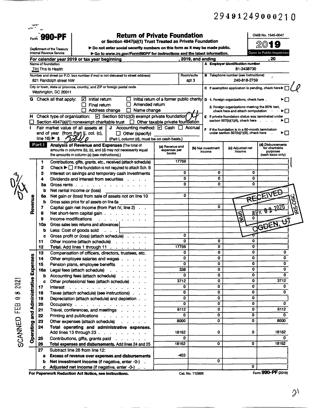 Image of first page of 2019 Form 990PF for Tih This Is Health