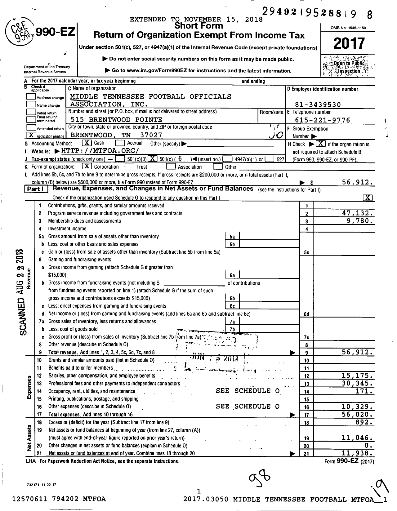 Image of first page of 2017 Form 990EO for Middle Tennessee Football Officials Association (MTFOA)