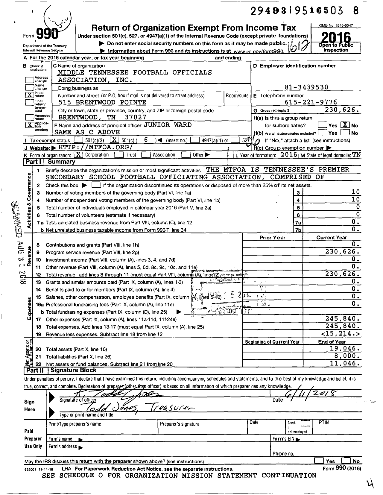 Image of first page of 2016 Form 990O for Middle Tennessee Football Officials Association (MTFOA)