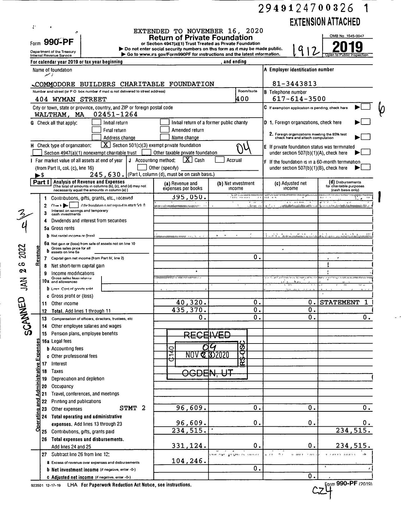 Image of first page of 2019 Form 990PF for Commodore Builders Charitable Foundation