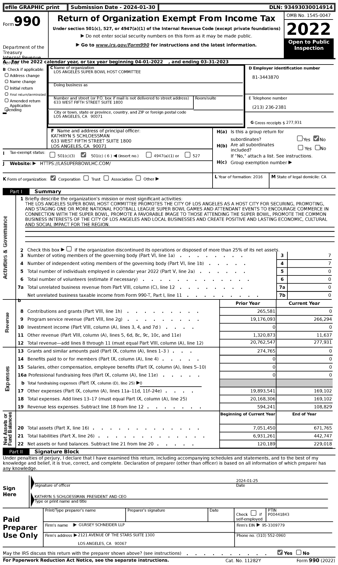 Image of first page of 2022 Form 990 for Los Angeles Super Bowl Host Committee