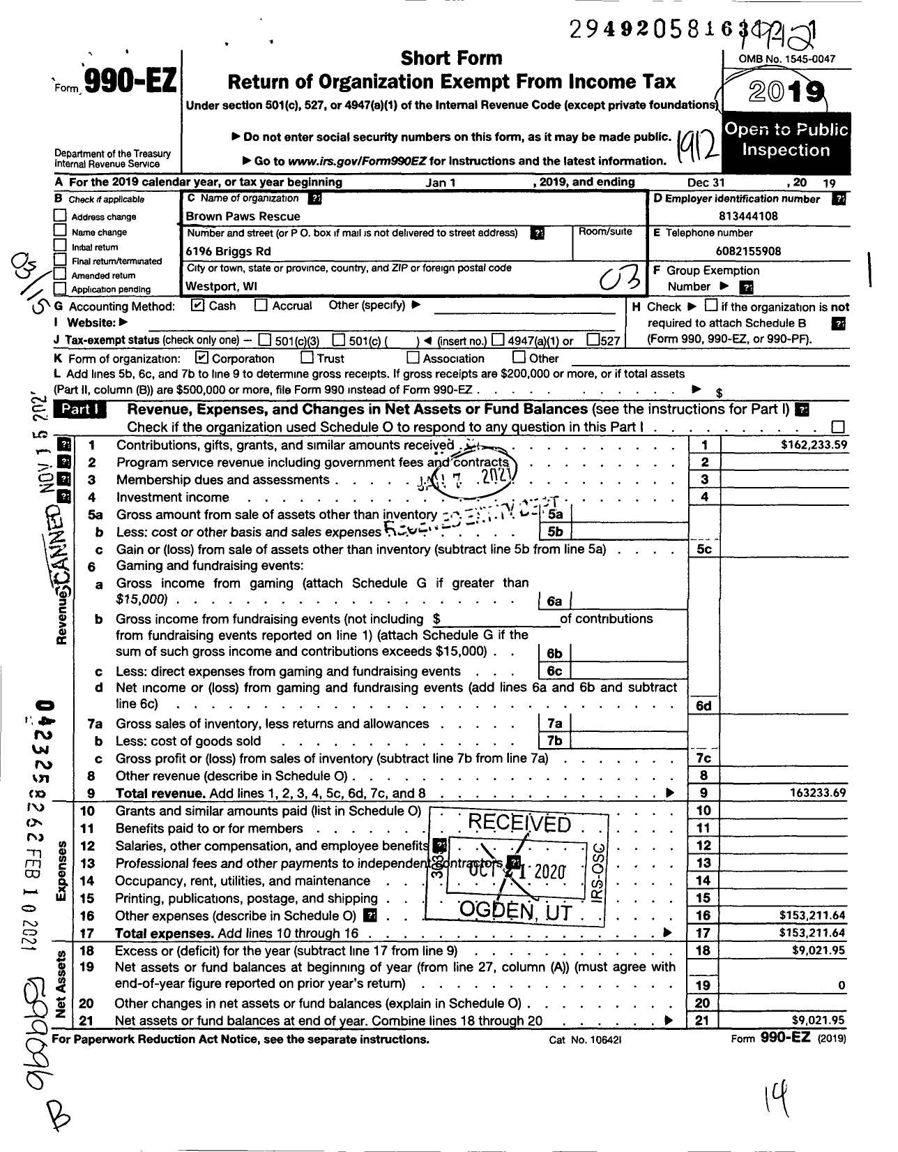 Image of first page of 2019 Form 990EZ for Brown Paws Rescue