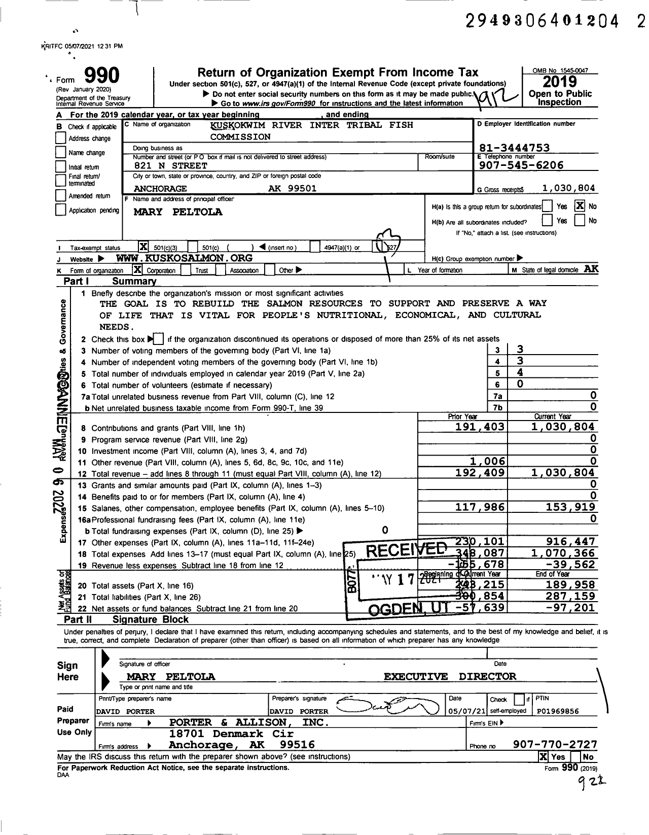 Image of first page of 2019 Form 990 for Kuskokwim River Inter Tribal Fish Commission