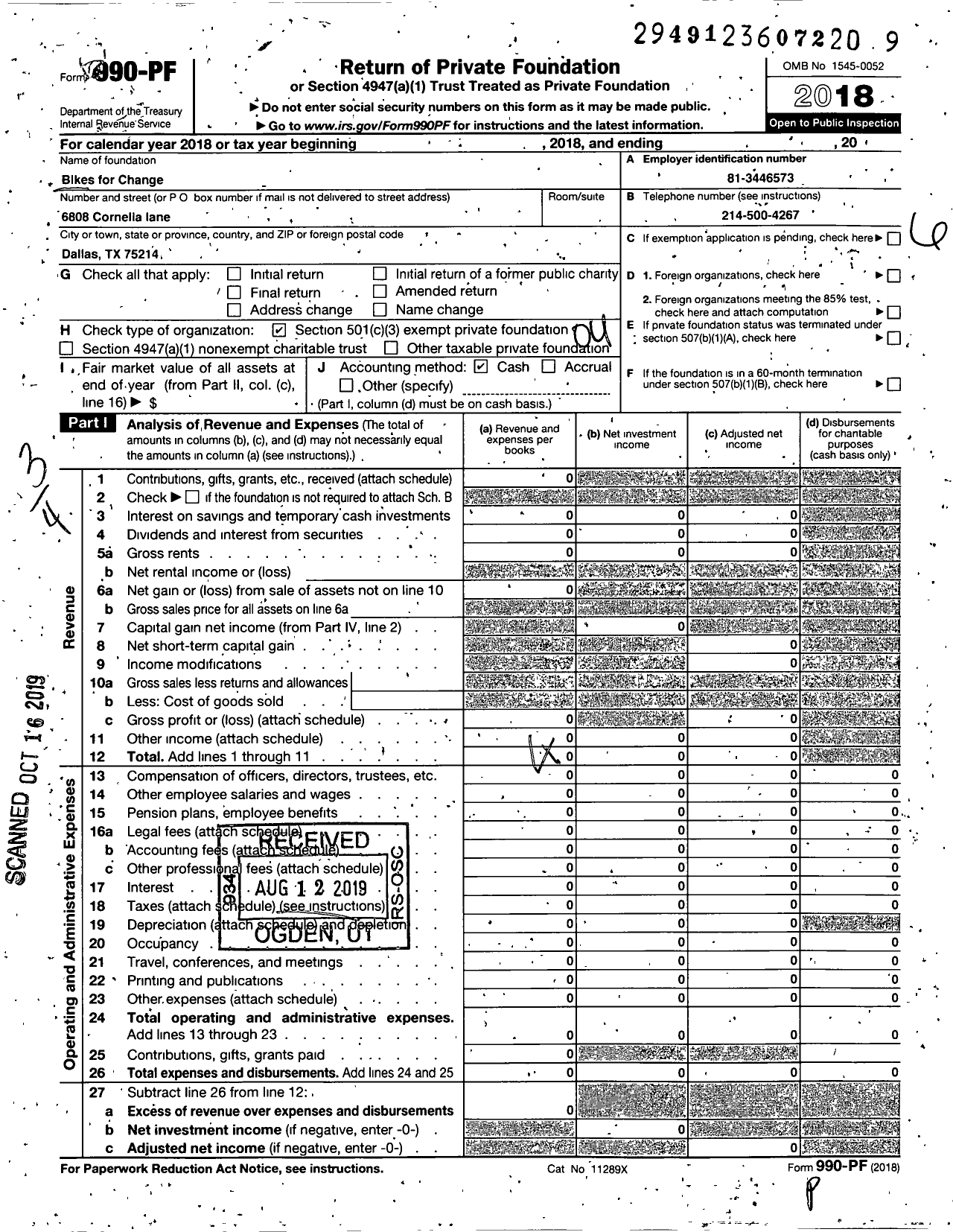 Image of first page of 2018 Form 990PF for Bikes for Change