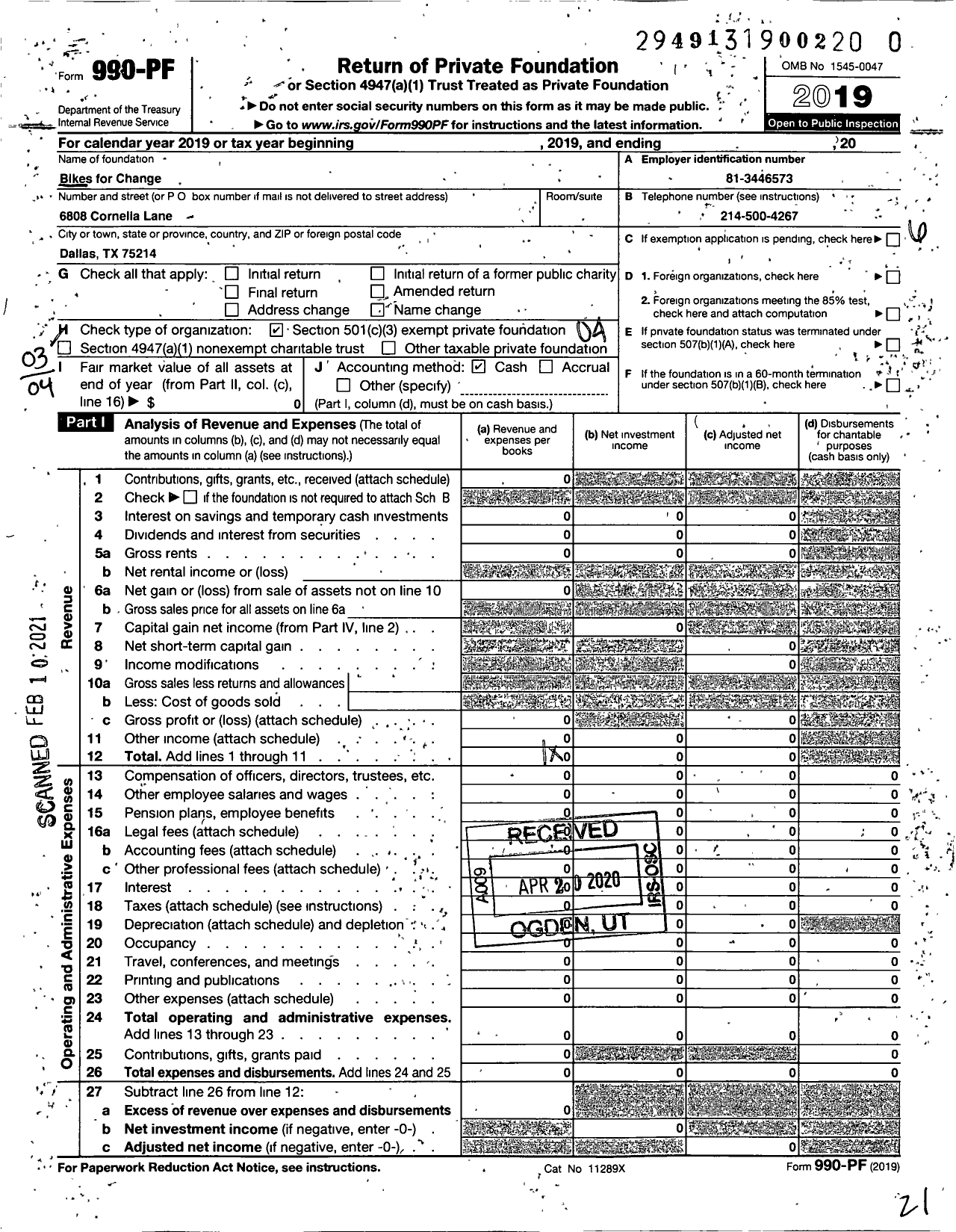 Image of first page of 2019 Form 990PF for Bikes for Change