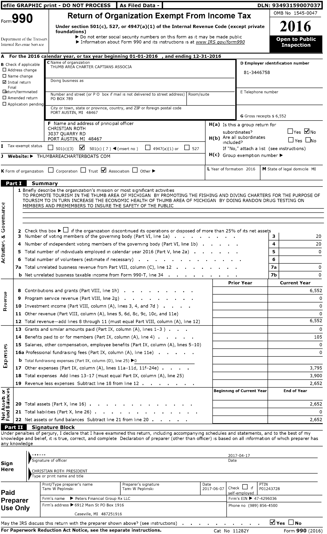 Image of first page of 2016 Form 990O for Thumb Area Charter Captians Association