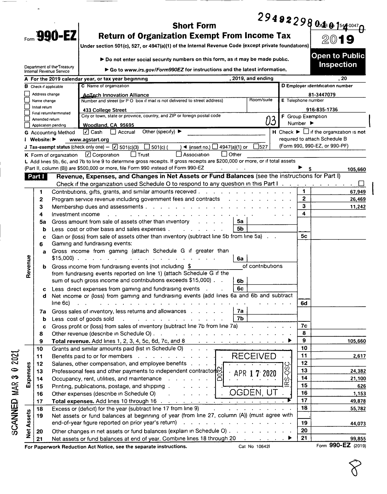 Image of first page of 2019 Form 990EZ for AgTech Innovation Alliance