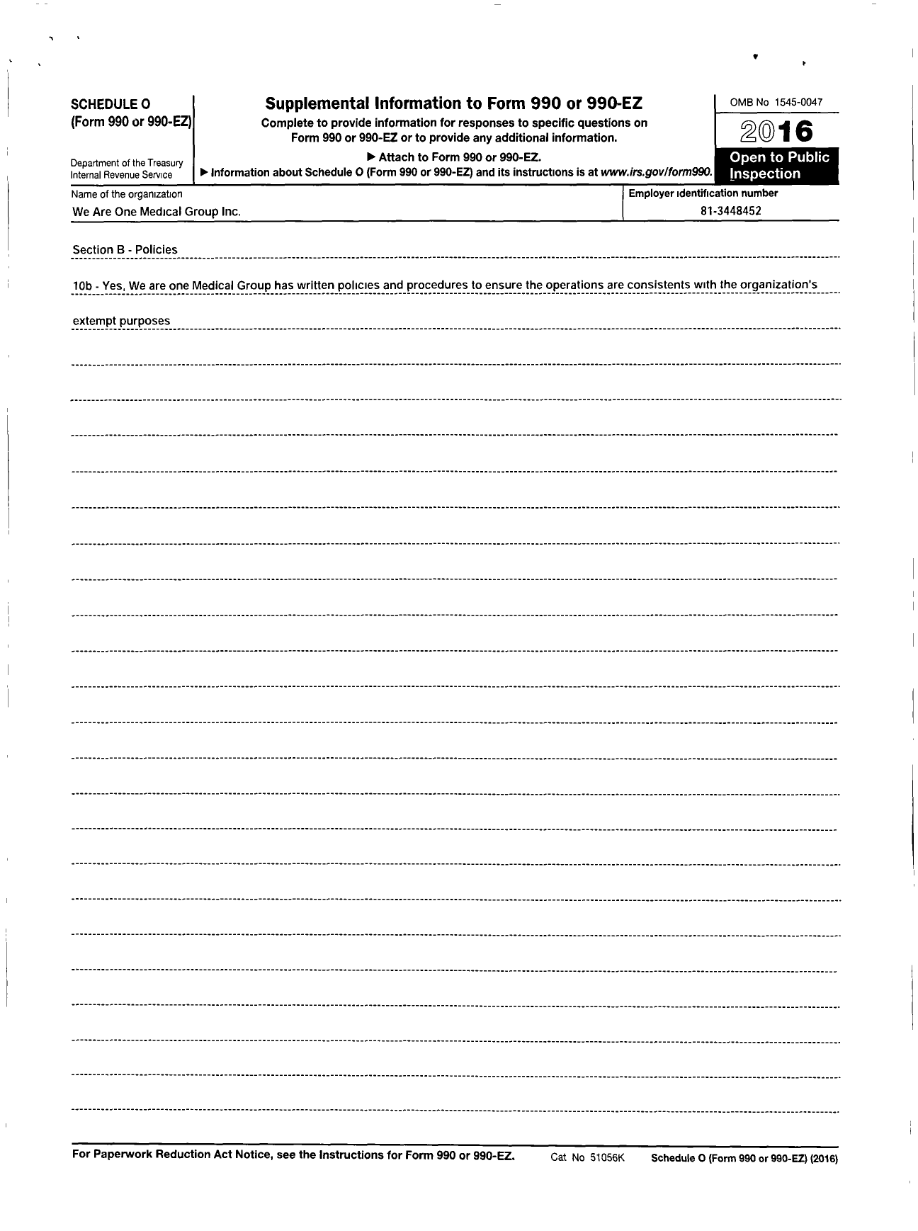 Image of first page of 2016 Form 990R for We Are One Medical Group