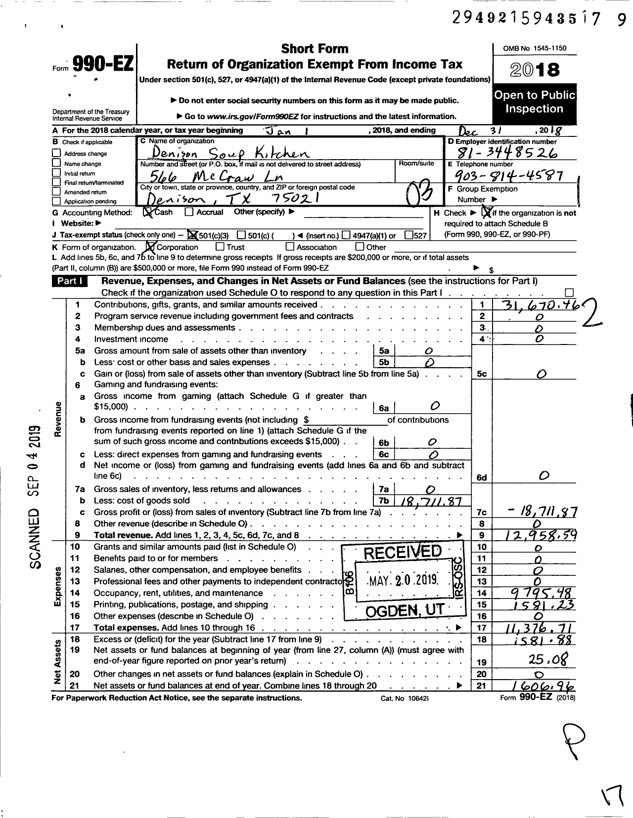 Image of first page of 2018 Form 990EZ for Denison Soup Kitchen